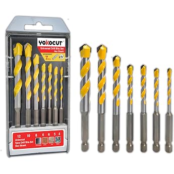 Universal Drill Bit Set Professional 7-Piece Multifunctional Drill Bit for Metal Wood Concrete Masonry Tiles Plastic and Much More - High-Quality Multi-Purpose Drill Bit Set with Hex Shank - Diameter 4-12 mm