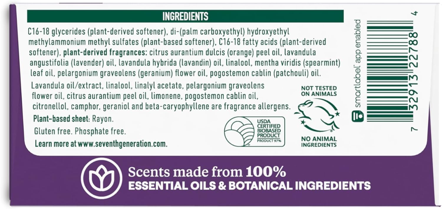 Seventh Generation Dryer Sheets Laundry Fabric Softener, Fresh Lavender Scent, 80 Sheets