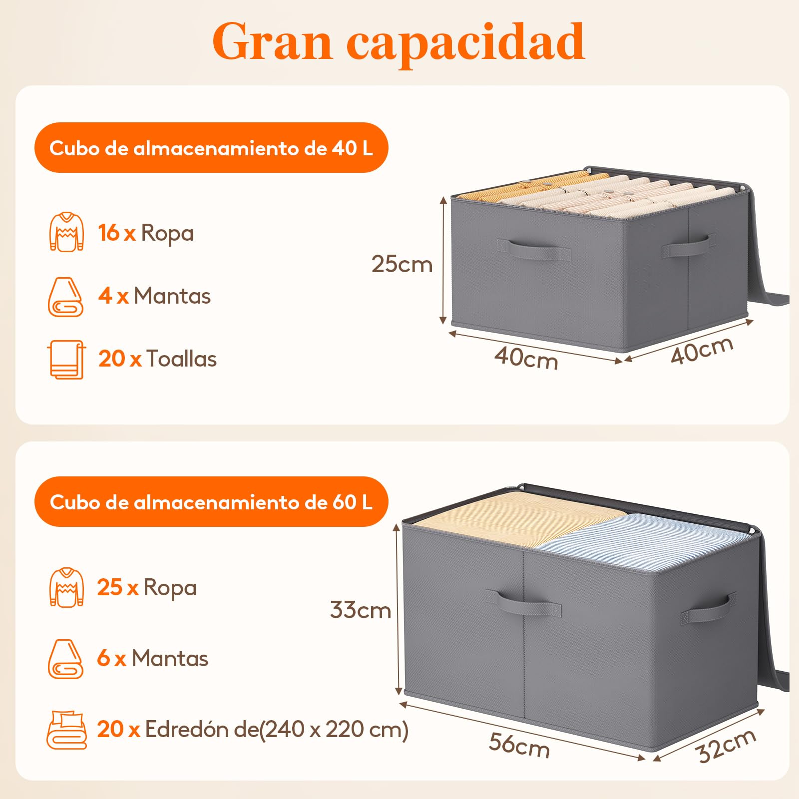 Lifewit Cajas Almacenaje con Tapa, Organizador Armario Rígido, Bolsas Almacenaje Ropa con Cremallera para Ropa y Juguetes, Gris, 40 x 40 x 25 cm, 40L, Juego de 6