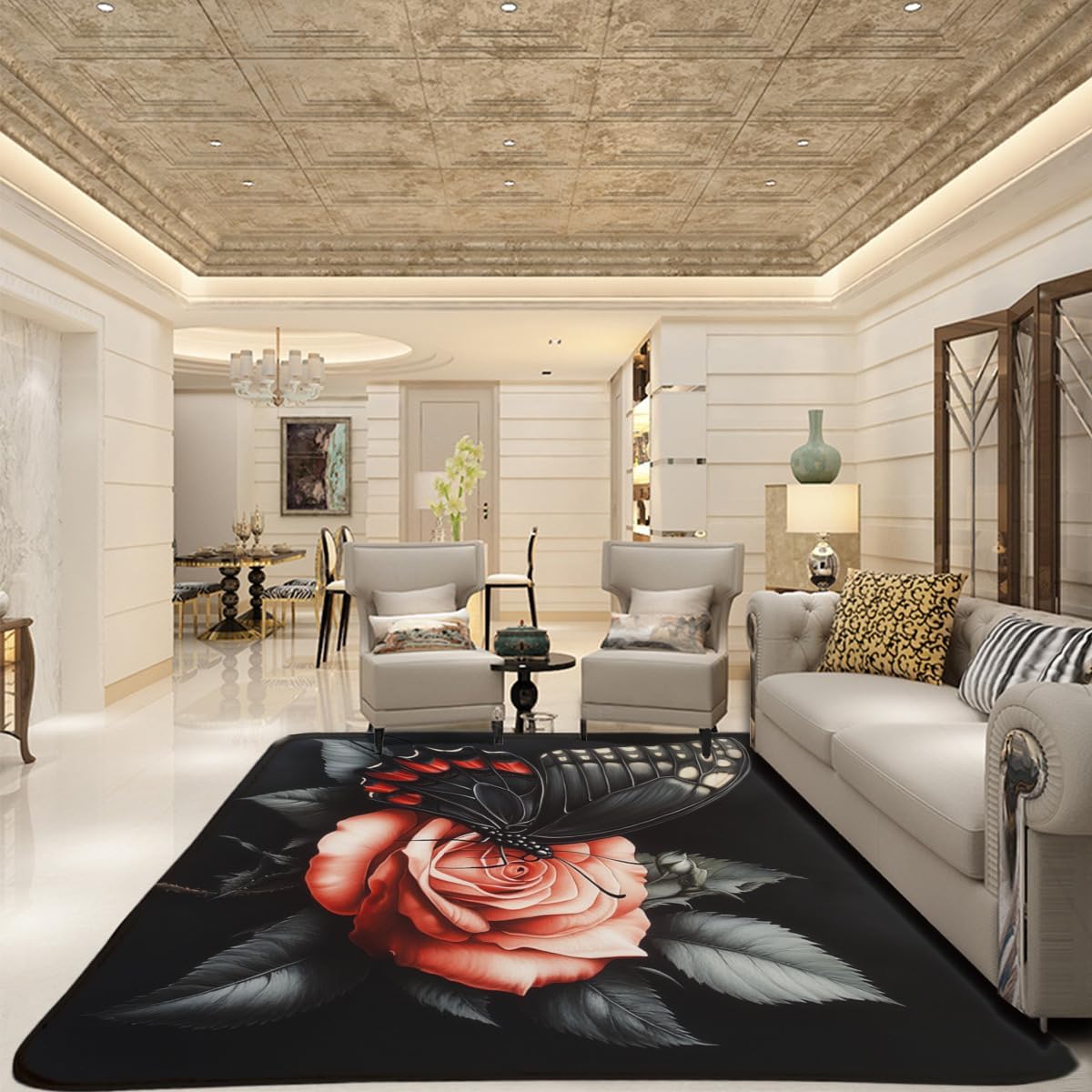 Butterfly Washable Area Rug for Bedroom, Non-Slip Simple Style Rug, Soft Insect Floral Rug for Living Room Dining Room Playroom Office (2' x 3', Black)
