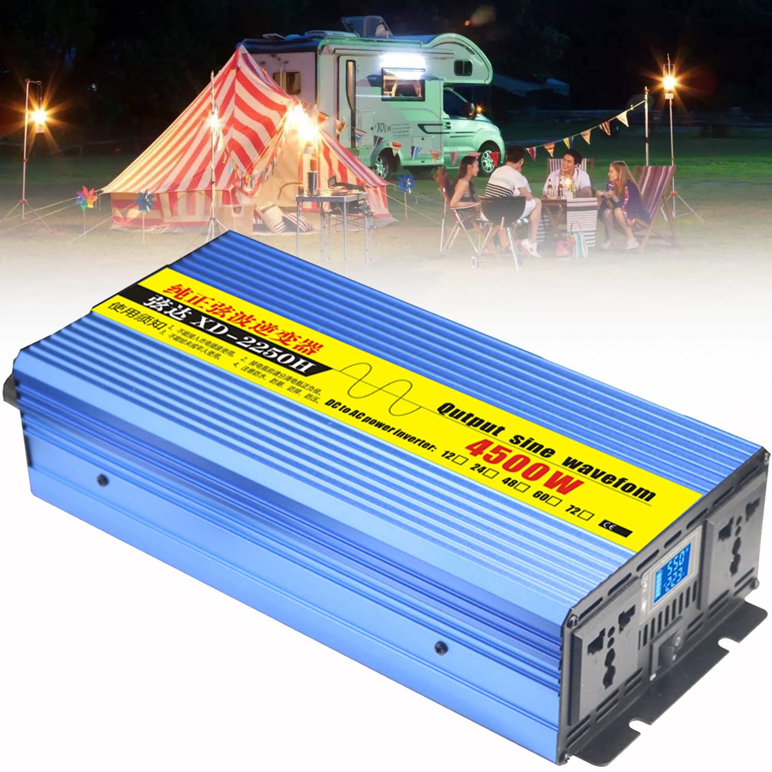 Samochodowy przetwornica sinusoidalna 2600W 3500W 4500W przetwornica napięcia 12V 24V 48V 60V 72V do 230V przetwornica przetwornica przetwornica z gniazdami ue i wyświetlaczem LCD,4500W-12V/24V