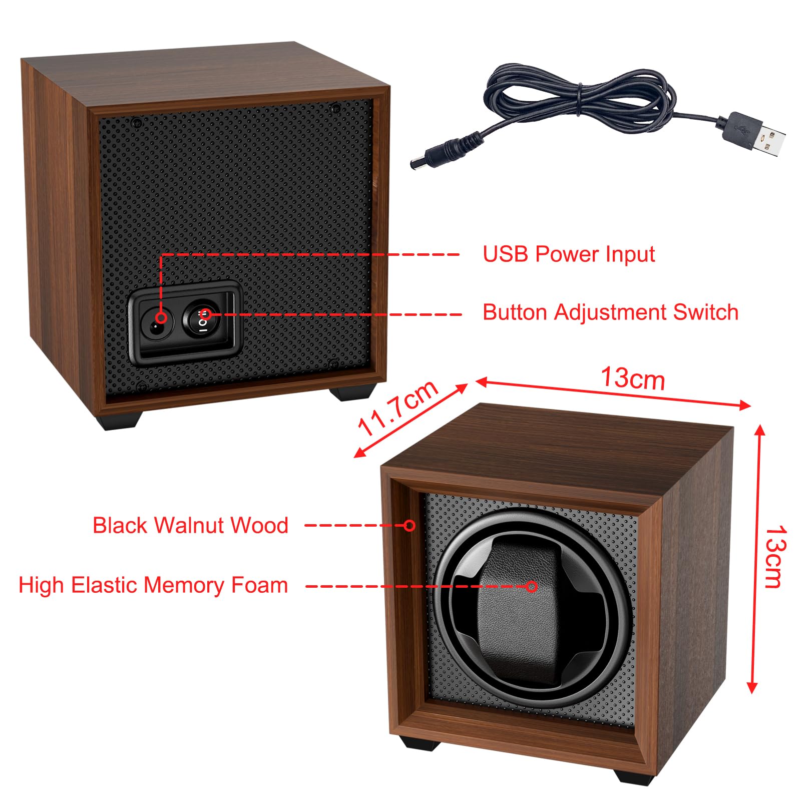 Fousenuk caja relojes automaticos con motor silencioso, 2 ajuste modos, cuadrada y color nuez enrollador para reloj, con puerto de carga USB y espuma viscoelástica, para dar cuerda a relojes mecánicos