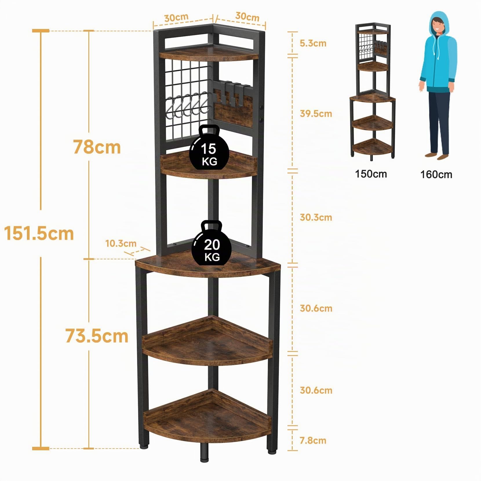 Dripex Étagère d'angle à 5 Niveaux, Bibliothèque du Coin, Étagère Échelle, Meuble de Rangement pour Salon, Chambre, Bureau, Marron Rustique et Noir,40x40x152cm