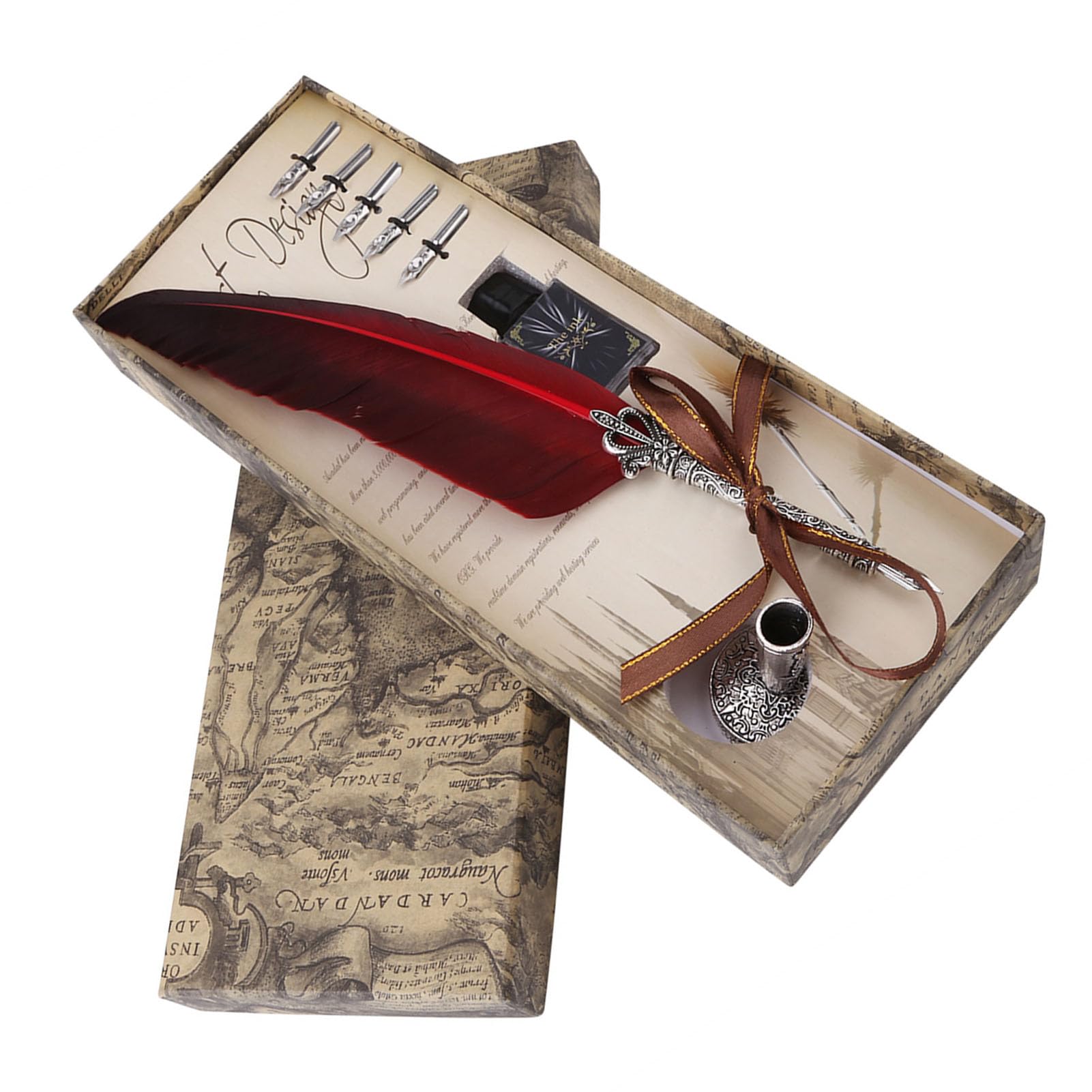 stylo plume calligraphie + Feather Dip Pen Calligrafia Inglese Feather Dip Penna d'oca Set di Inchiostri di Cancelleria Presente con 5 pennini (rosso)