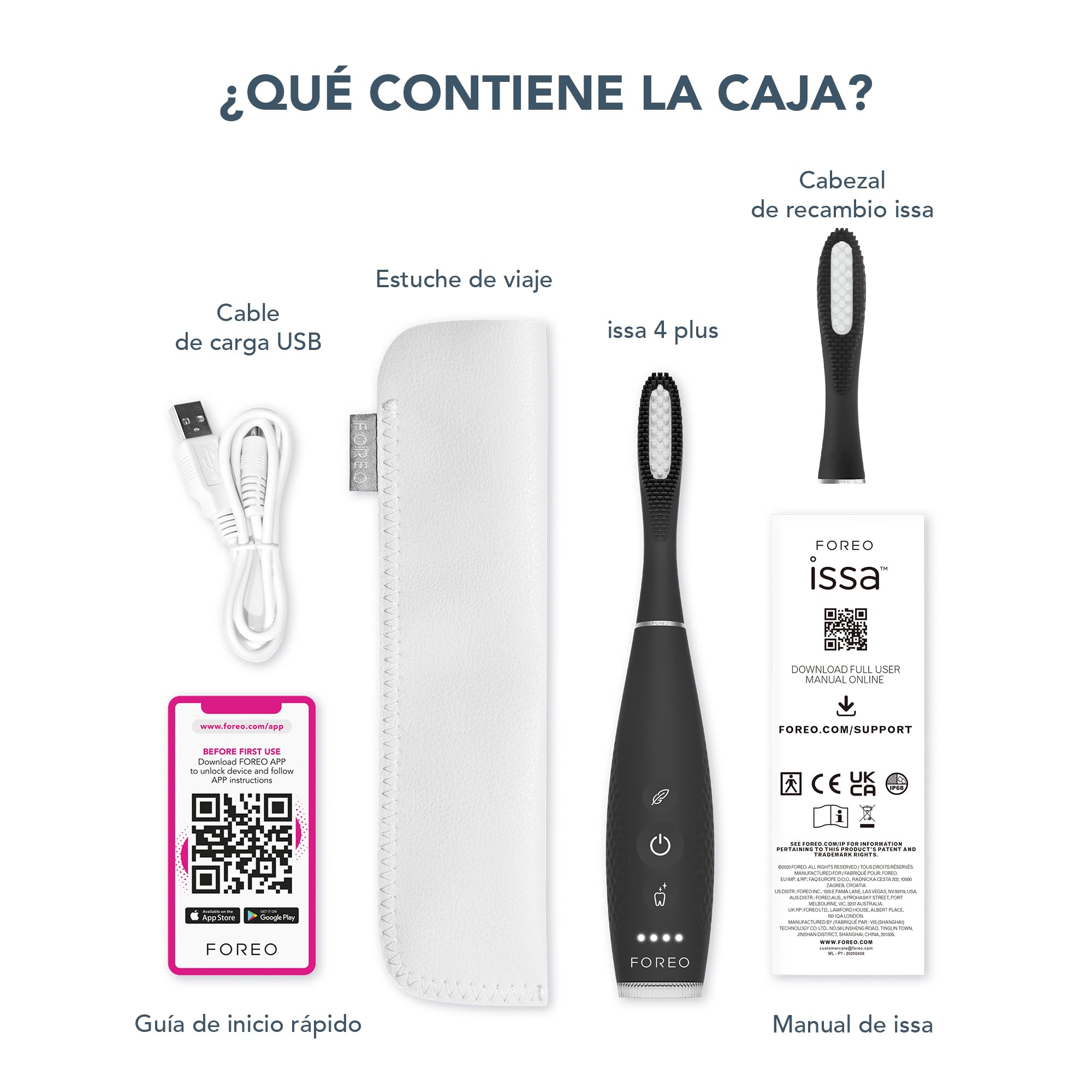 FOREO ISSA 4 Plus cepillo de dientes eléctrico sónico – Pack recargable USB 4 en 1 con IA, cabezal híbrido extra de silicona médica y polímero, suave, blanqueador dental, limpieza profunda - Black