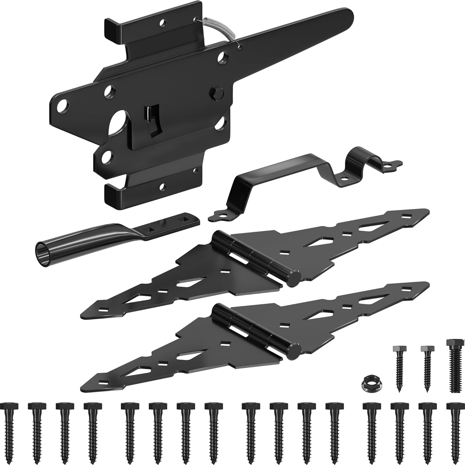 Wood Fence gate Hardware Door Hardware kit Featuring 8-inch Heavy-Duty Hinges with self-Locking Latch, Suitable for Outdoor Fence Gates, Finished with Black Powder Coating