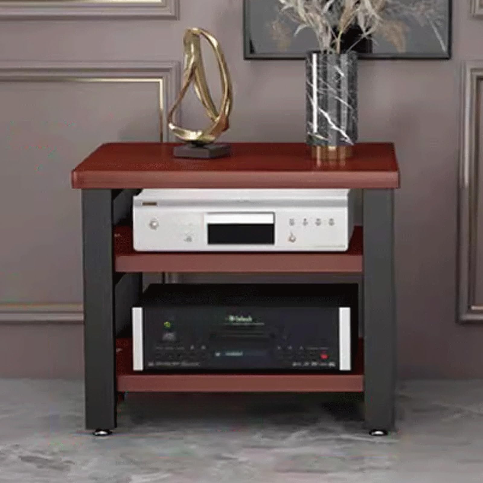 Soporte altavoces marrón de 3 niveles con almohadillas para organizar el rack de audio en casa