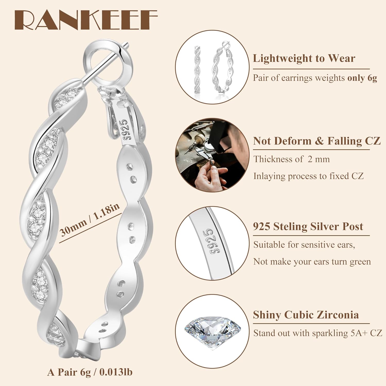 RANKEEF Large Twisted Hoop Earrings for Women with Shiny Cubic Zirconia Hypoallergenic 925 Sterling Silver Post Forever Love Hoops Trendy 3D Laser-Cut Sturdy Lightweight Big Twisted Gold Hoops - Image 4