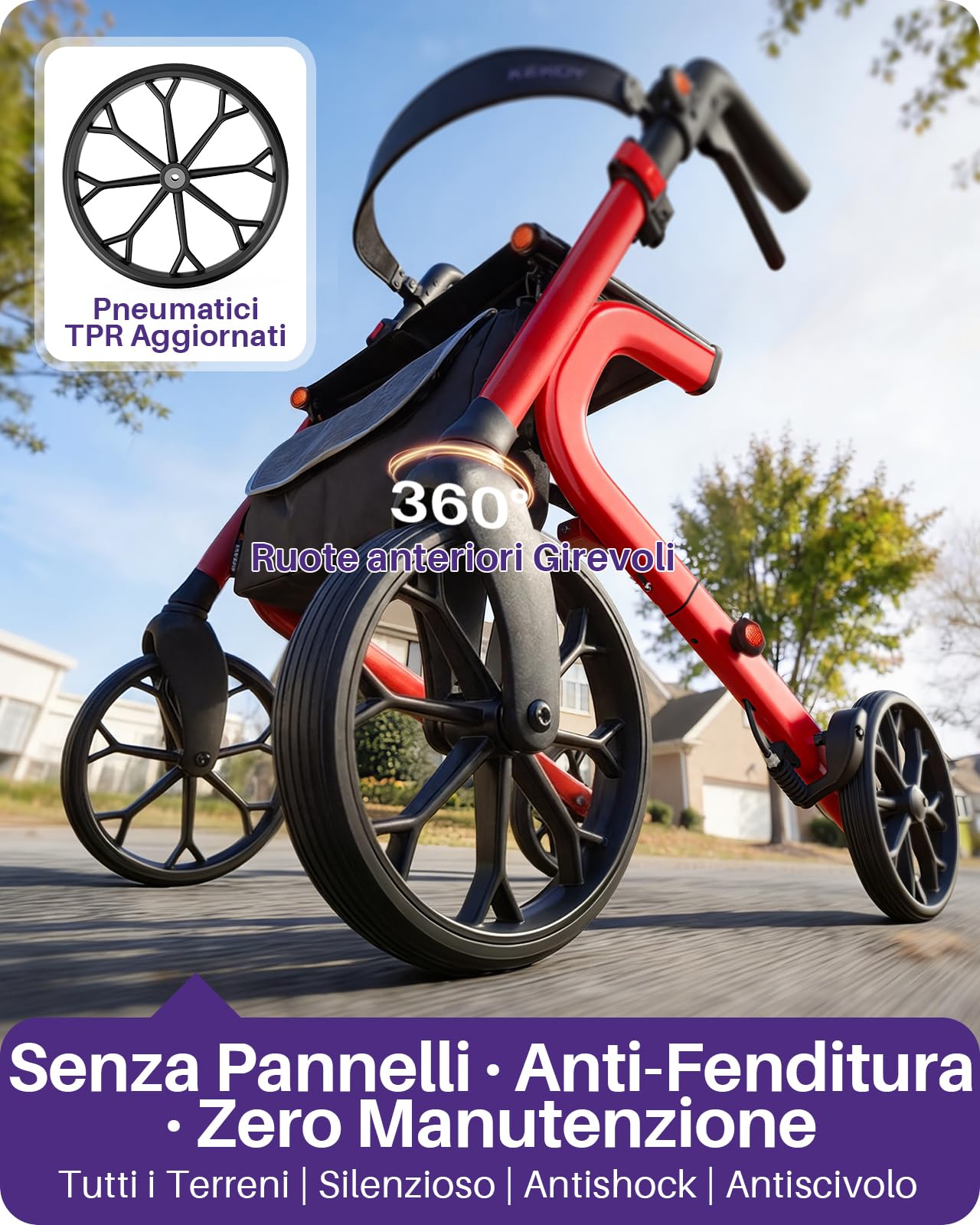 Kekoy Deambulatore per Anziani 4 Ruote con Seduta, Pieghevole, 181 kg Portata, Sedile 44 cm Largo, Ruote 25 cm Per Tutti I Terreni, Altezza Regolabile, Freni con Cavi Nascosti, Portaoggetti, Rosso