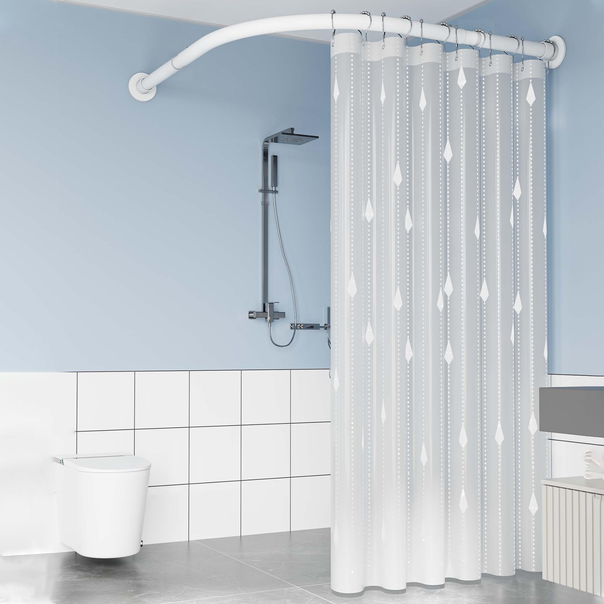 GLDYTVF L-Shaped Corner Shower Curtain Rod Stainless Steel Curved Pressure Rod for Bathtub & Shower Adjustable Size 90-130cm (White) -& Rust-Resistant