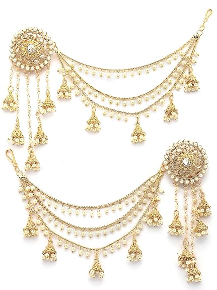 Sukkhi Creative Traditional Indian Fashion Gold Plated Multi Layer Pearls Ear Chain with Jhumka/Jhumki Earring Jewellery for Women & Girls|E107327