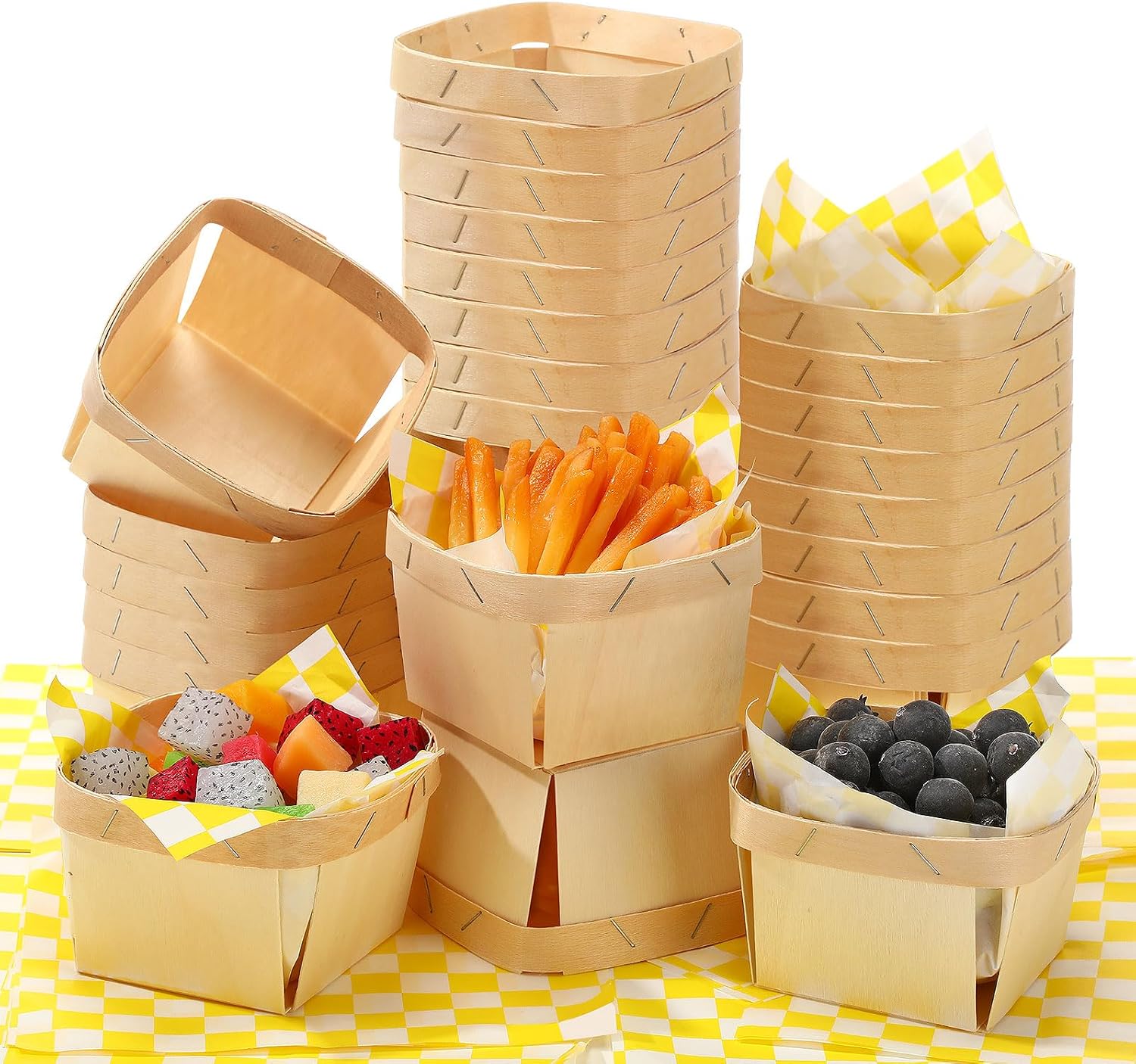Thyle 60 Pcs/30 Sets Wood Berry Basket with Gingham Wax Paper Sheets Farmer Market Shower Party Favor Small Container Boxes for Friut Vegetable Locally Grown Baby Shower Display Gift(Plaid,Yellow)