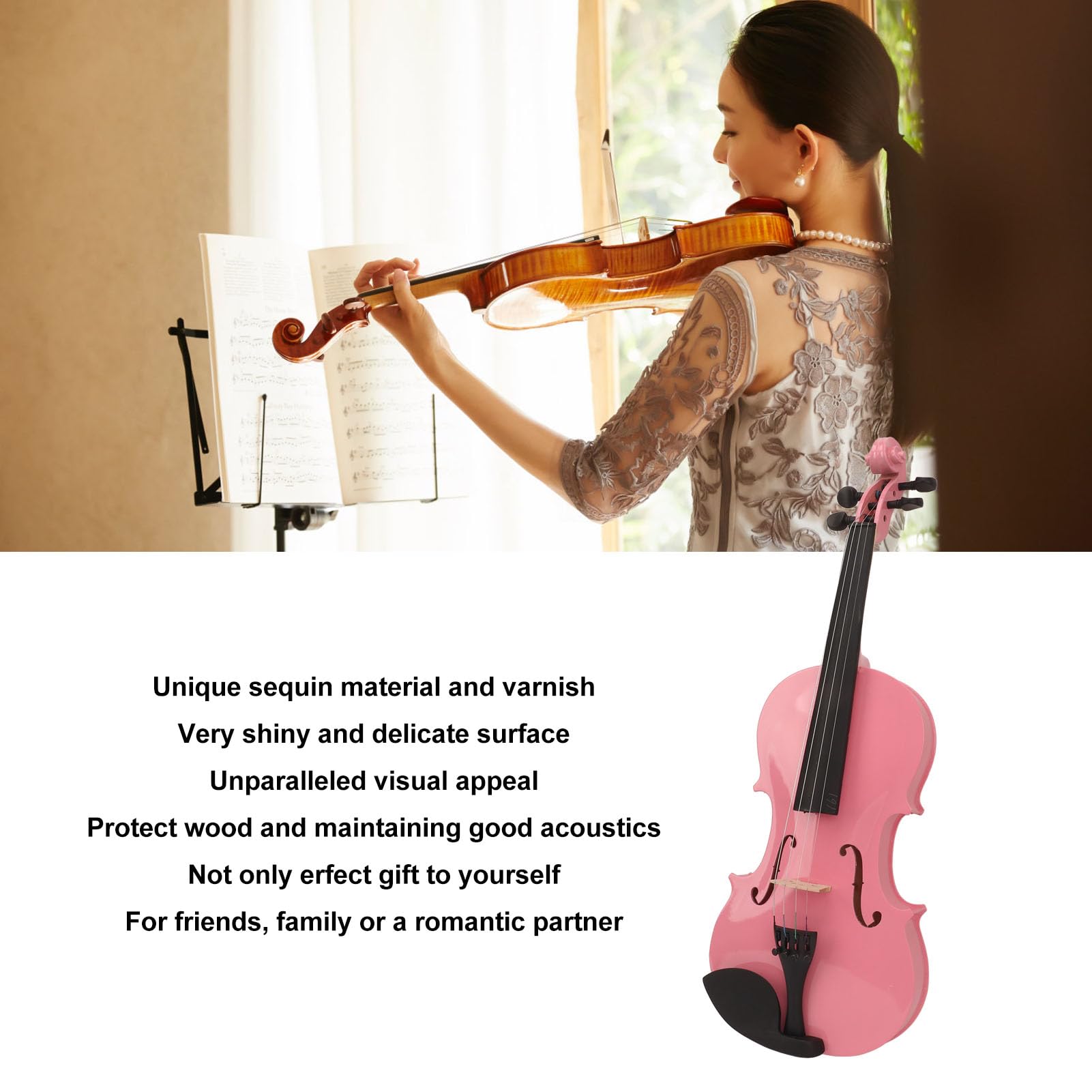 Juego de Violín Acústico 4/4, Kit de Iniciación para Principiantes, Accesorios para Violín con Sintonizador, Reposabrazos, Tabla de Acordes, Instrumento Musical (PINK)