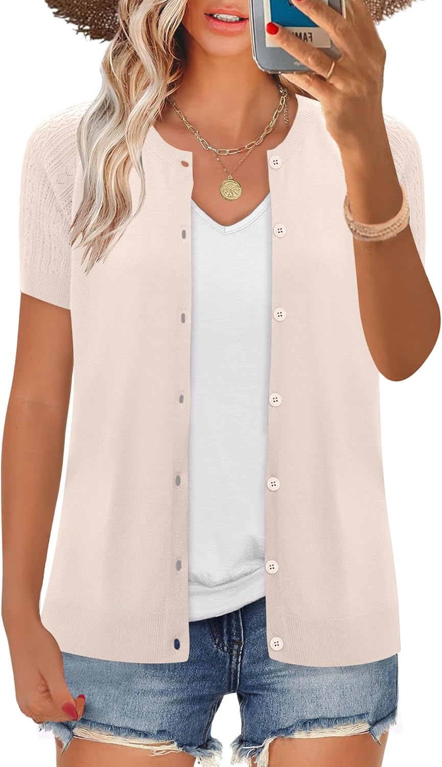 FreshNight Women's 2025 Short Sleeve Cardigan Button Up Hollowed Out Crewneck Shrug Sweaters Knit Sweater Tops Lightweight