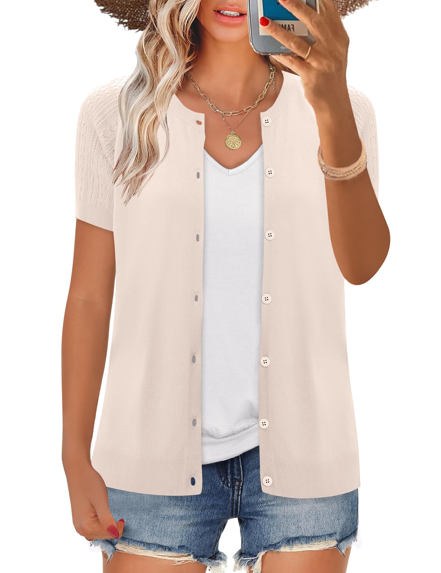 Women's 2025 Short Sleeve Cardigan Button Up Hollowed Out Crewneck Shrug Sweaters Knit Sweater Tops Lightweight