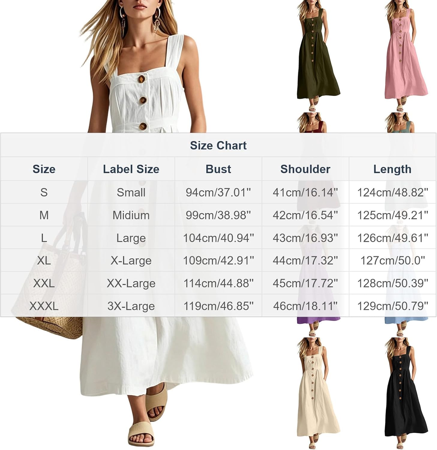 Womens Linen Dresses Summer Spaghetti Strap Sleeveless Boho Dress Button Beach Maxi Long Dresses with Pocket