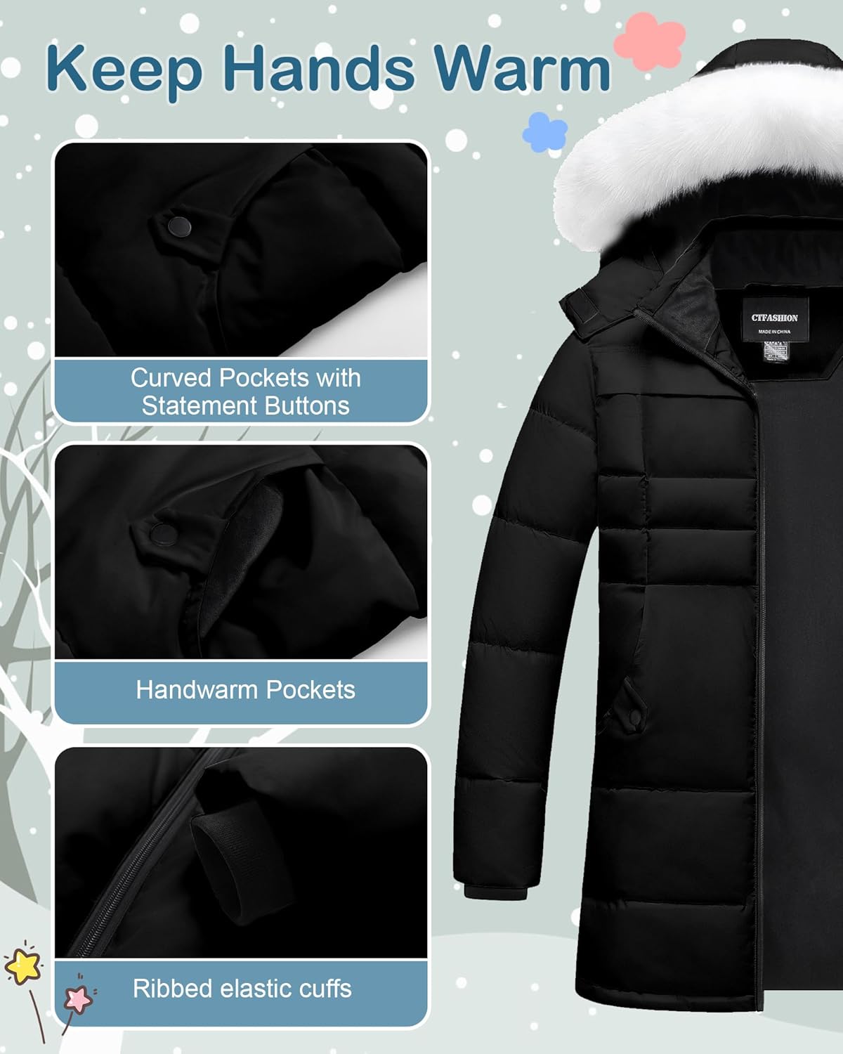 Girl's Winter Coat Kids Long Puffer Jacket Waterproof Snow Parka Warm Puffy Dress Coat with Removable Fur Hood - Image 5