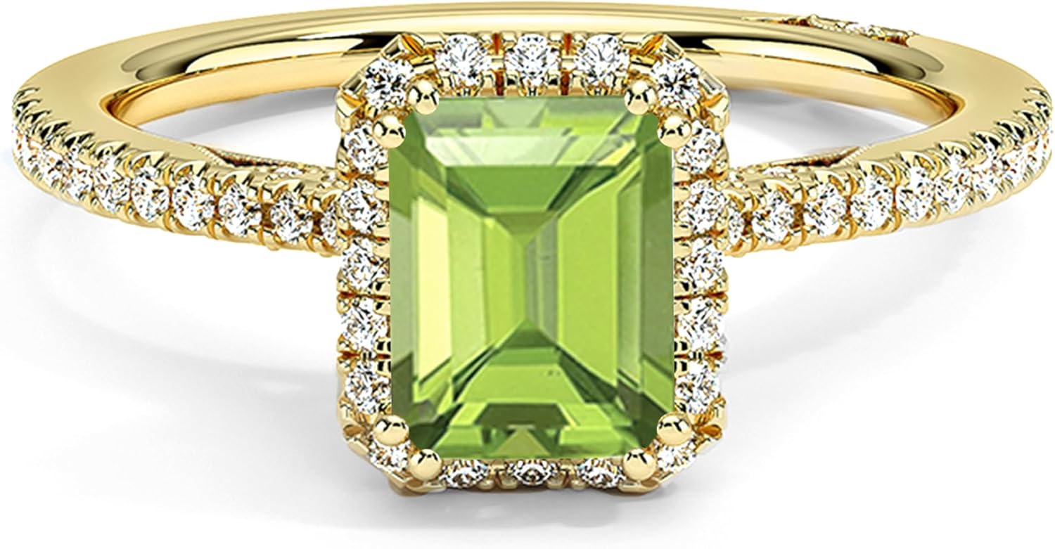 1 Ct. Emerald Cut Green Peridot & White Diamond Halo Engagement Ring For Women, 14K Gold Plated 925 Silver August Birthstone Peridot Bridal Halo Style Side Stone Ring