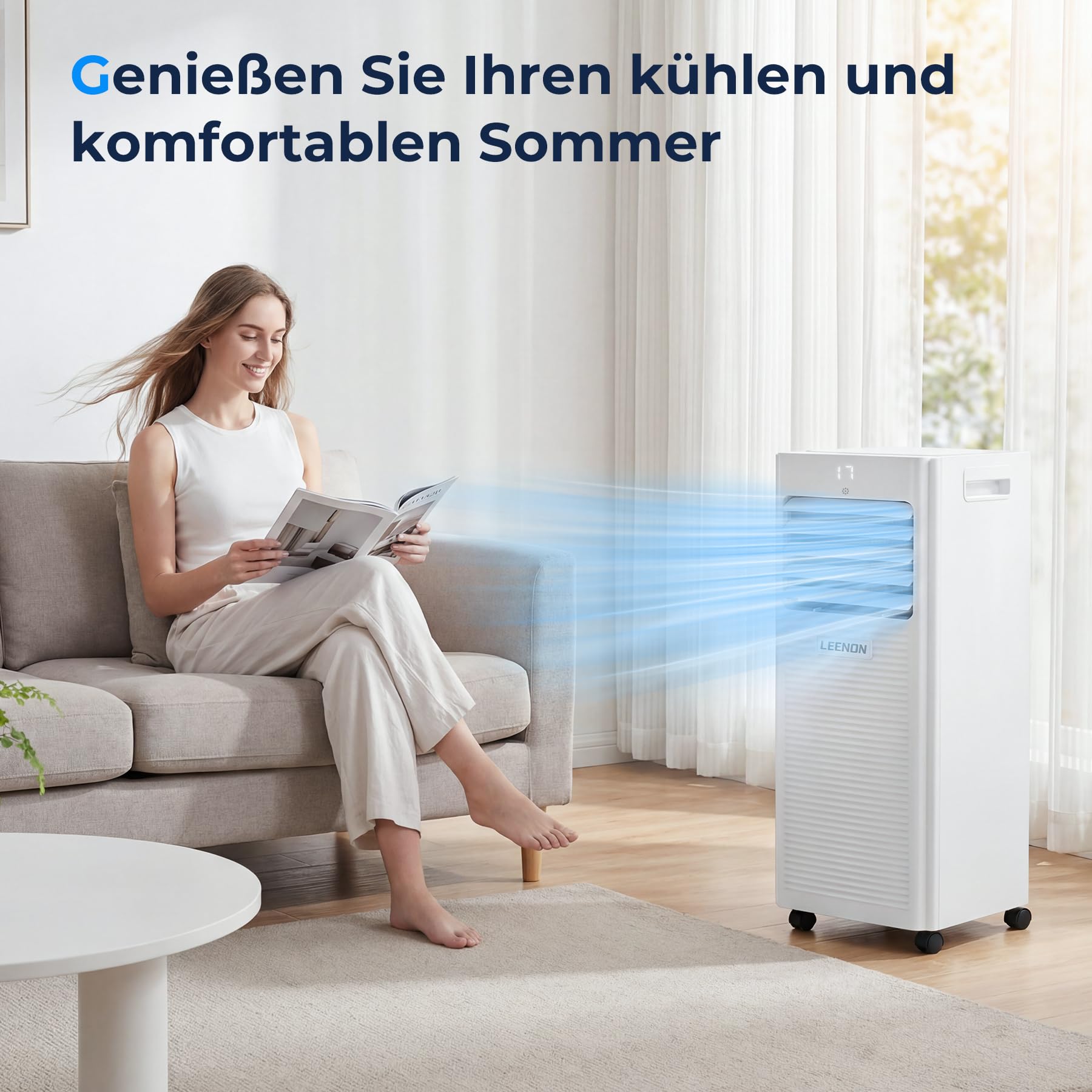 LEENON Klimaanlage Mobil 9000 BTU, Klimagerät mit Abluftschlauch, 4 in 1 Mobil Klimaanlage Entfeuchten mit Abluftschlauch/Fensterkit, Fernbedienung/Timer, Digitales Display, Für Räume bis 35 m²