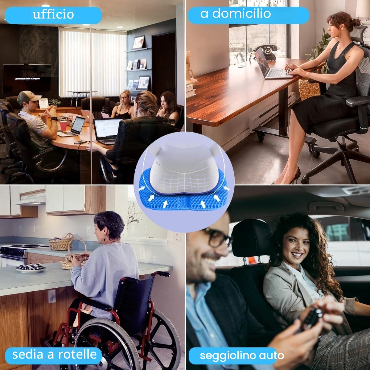 Cuscini per Sedie in Gel, Struttura a Nido d'Ape Traspirante Cuscino Gel Antidecubito per Sedia a Rotelle Casa Ufficio Auto, 45 * 42 * 3cm, Blu Scuro