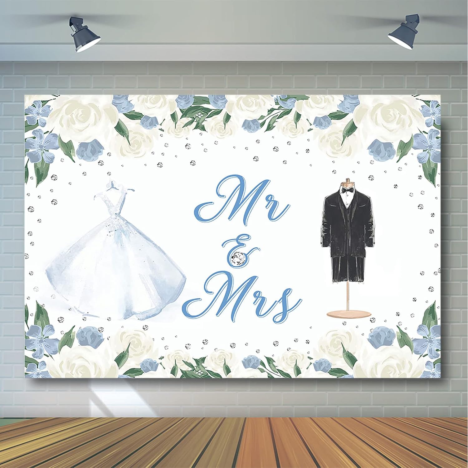 Avezano Mr and Mrs Wedding Backdrop Wedding Dress and Groom Suit Engagement Bridal Shower Party Decorations Plain White Flowers Couples Photography Background Booth Props Banner (7x5ft)