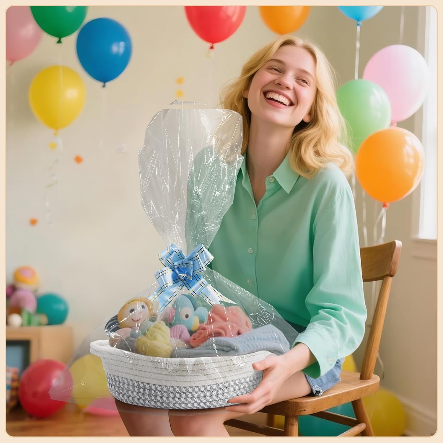 10 Pack Small Woven Basket with Gift Bags and Ribbons, Rectangle Storage Basket Set, Natural Cotton Rope Woven Baskets, Gift Basket for Baby Nursery, Toy Baskets, Bathroom Organization Bin