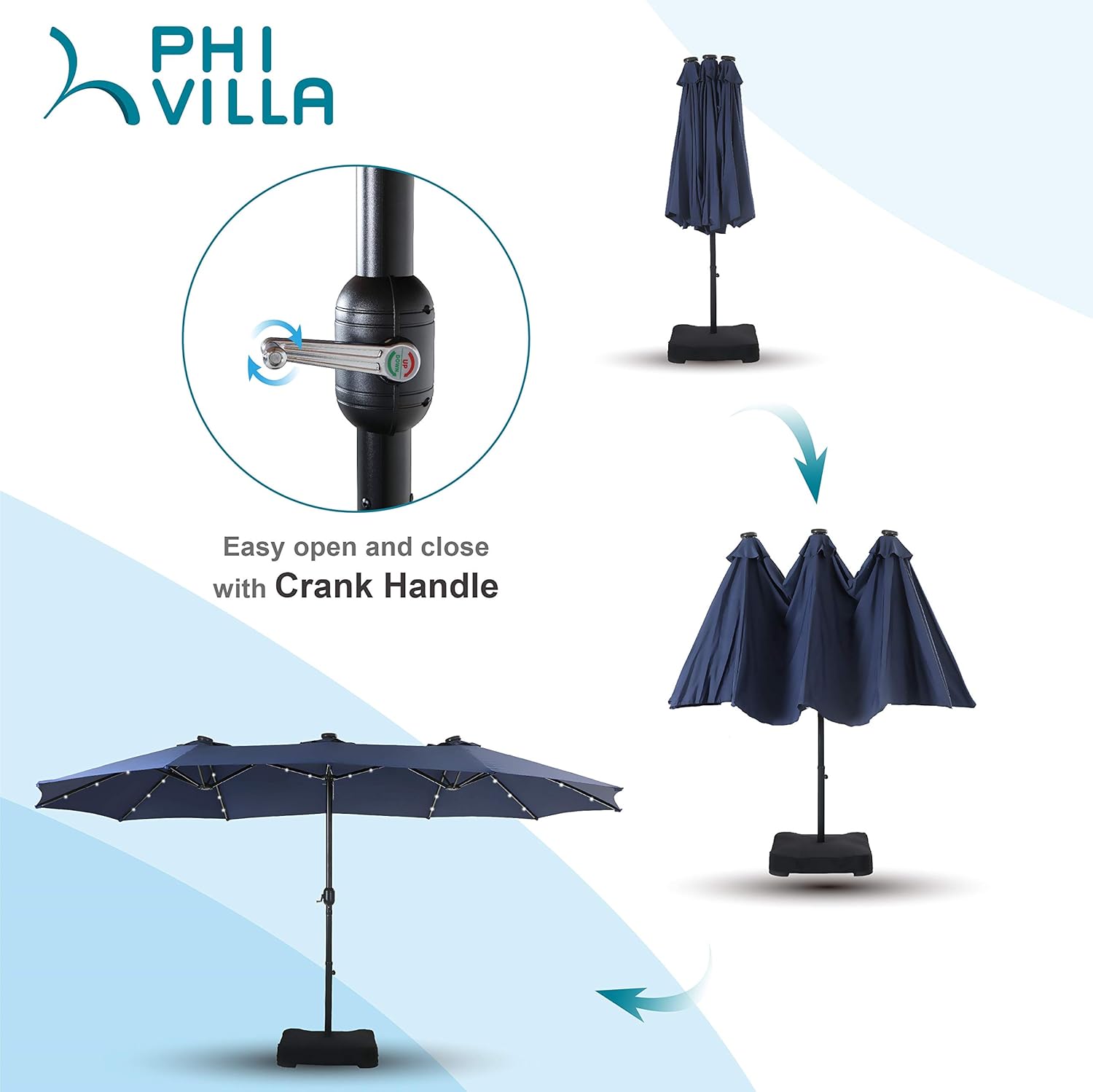 PHI VILLA 15ft Large Patio Umbrella with Solar Lights, Double-Sided Outdoor Market Rectangle Umbrellas with 36 LED Lights, Umbrella Base (Stand) Included, Navy Blue : Patio, Lawn & Garden