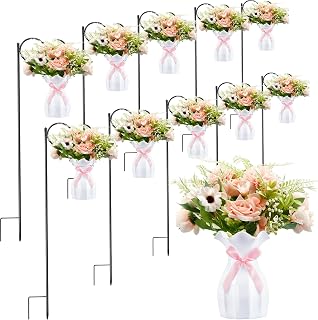 10 Sets Wedding Aisle Decorations for Wedding Ceremony Faux Rose Flowers with Vase and Shepherd Hook Wedding Flowers for Wedding Aisle Decor Church Pew Engagement Decorations(Pink)