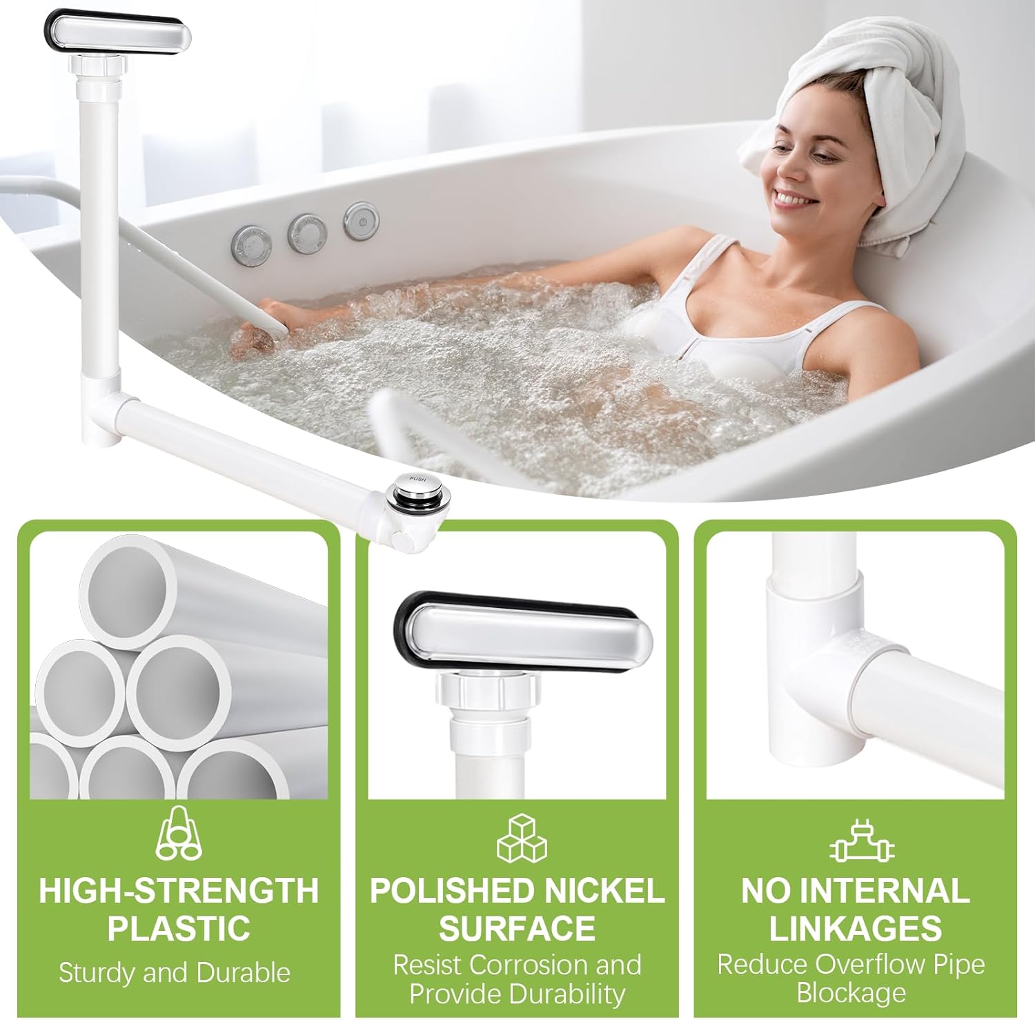 Slotted Overflow Bath Drain with Toe-Tap Stopper, with Metal Overflow Cover, Compatible with Kohler Elevance/Archer/Underscore/Rêve/Parity Baths and Whirlpools, Brushed Nickel, Easy Installation