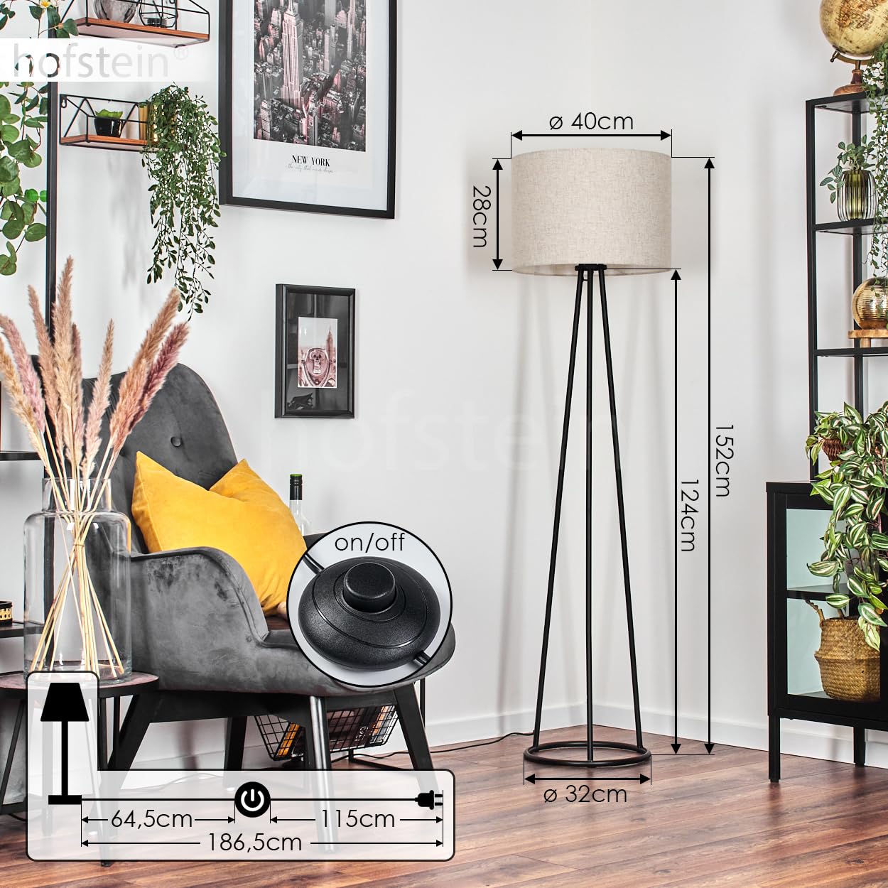 Stehleuchte Bassagoda, Stehlampe aus Metall/Stoff in Schwarz/Beige, Leuchte im modernen Design mit rundem Schirm (Ø 40 cm) u. Fußschalter, Höhe 152 cm, 1 x E27, ohne Leuchtmittel