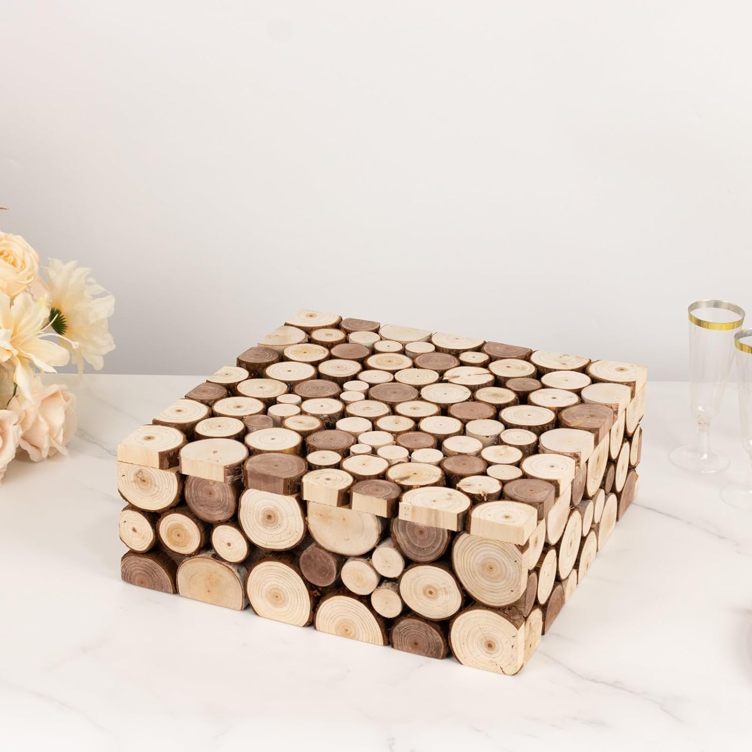Efavormart 14x14 inch Natural Wooden Slices Square Dessert Stand, Compact Rustic Farmhouse Pedestal Riser with Hollow Bottom for Intimate Celebrations