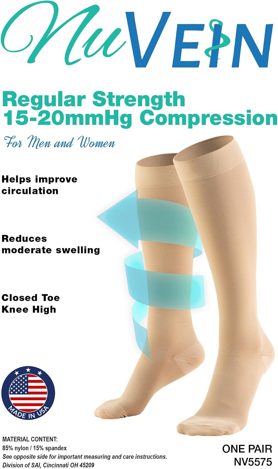 NuVein Medical Compression Stockings, 15-20 mmHg Support for Women & Men, Knee Length, Closed Toe, Beige, Medium