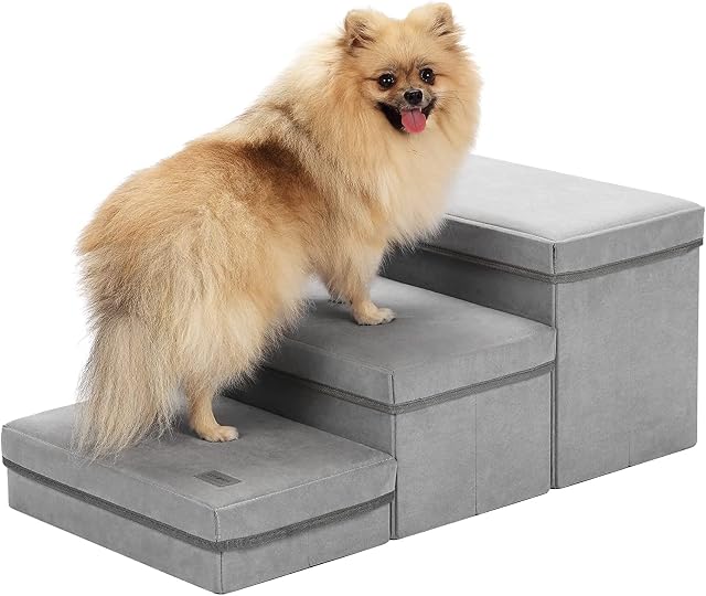 Neekor Pet Stairs,3 Steps Small Pet Ladder Foldable Dog Ramp with 3 Storage Boxes for High Bed & Sofa,Pet Non-Slip Safety Ladder for Cats Dogs up to 60 pounds