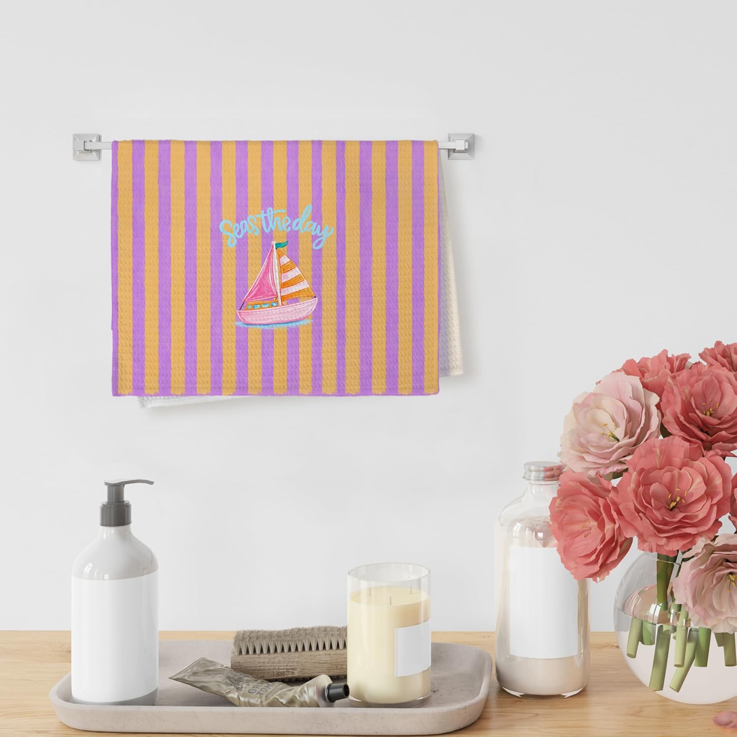 Coastal Beach Sailboat Kitchen Dish Towels, Nautical Bathroom Decor, Preppy Pink Beach Ocean Nautical Seas the Day Striped Hand Towels for Bathroom Kitchen Decor, 16x24 Inches