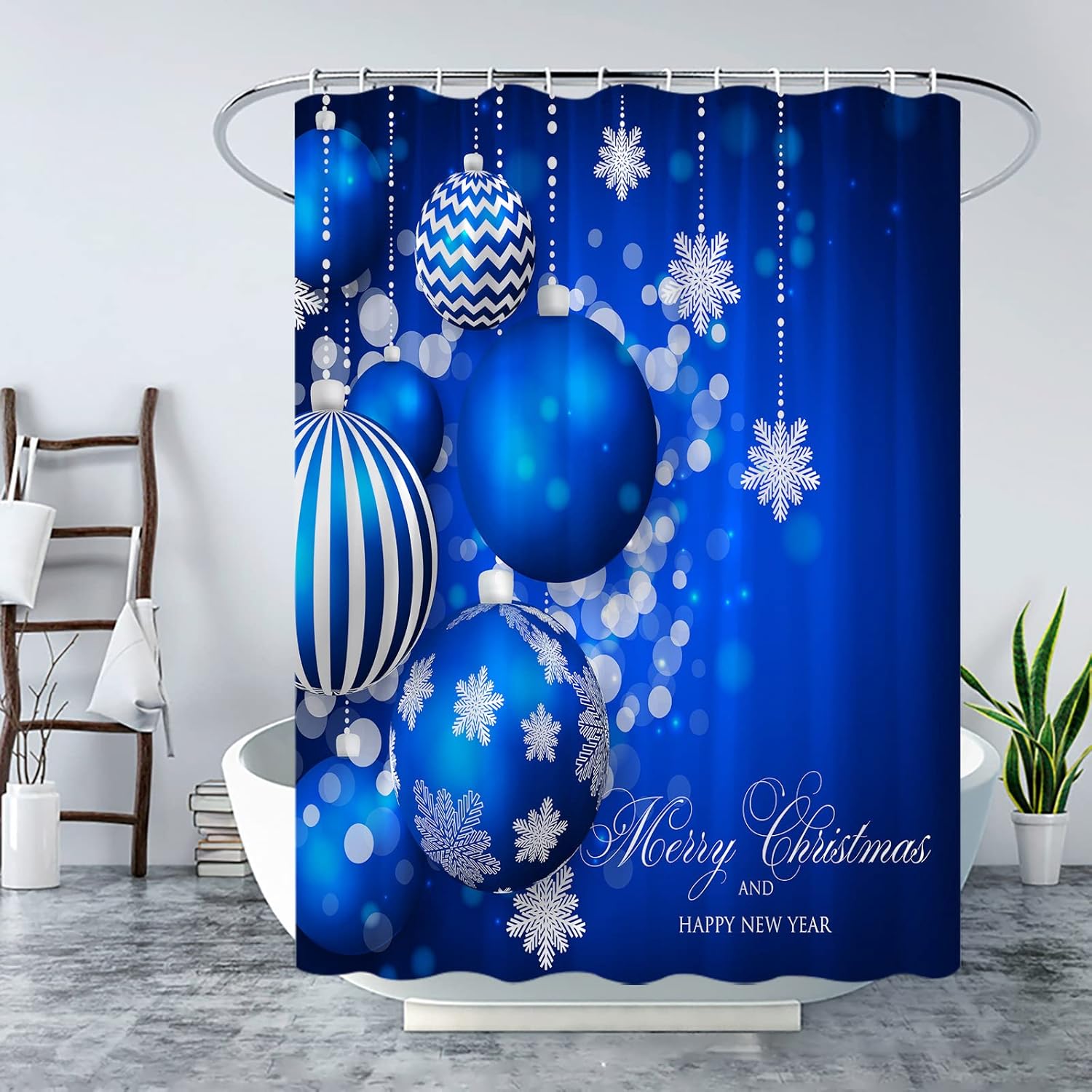 Christmas Shower Curtain Blue Xmas Balls Snowflake Winter