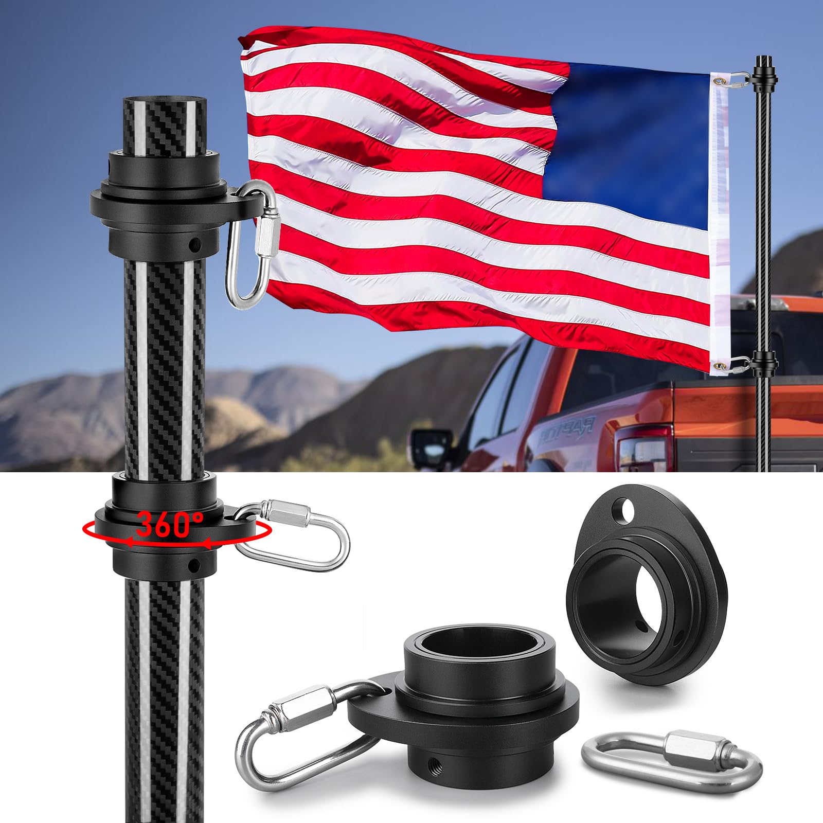 6FT 1.25 inch Truck Flag Pole,3K Real Carbon Fiber Flag Pole for Truck,Heavy Duty Flag Pole for Truck Pickups RVs SUVs Truck Bed Car,Carbon Fiber Flag Pole for House,Black
