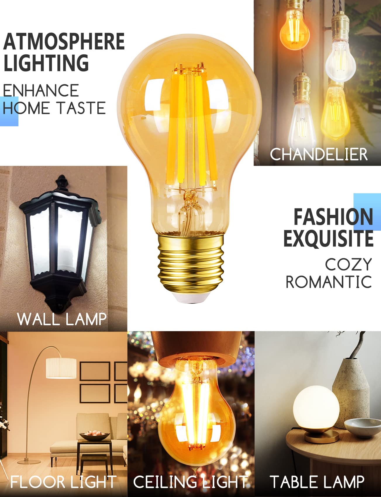 Aigostar Alexa Glühbirne E27 Edison Vintage Glühbirne 6W Retroglühbirnen LED A60 Smart Lampe Wlan Dimmbar 2700K-6500K, App Steuern Kompatibel mit Alexa und Google Assistant. Bernstein 6 Stücke