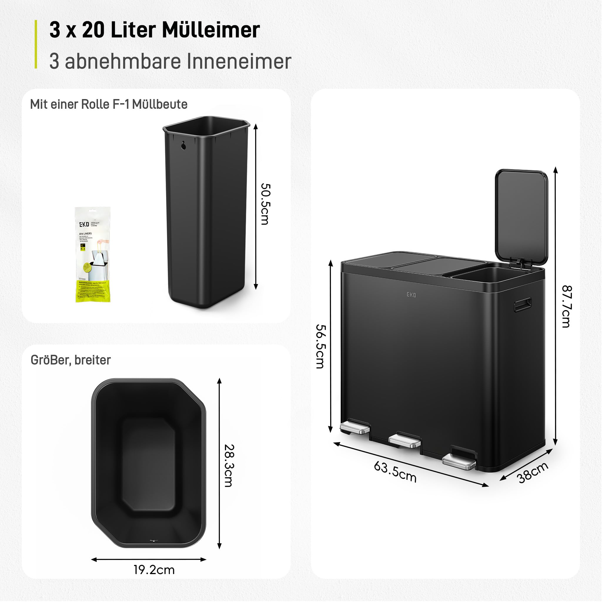 EKO Essential Mülleimer 3 Fächer, 3 x 20 Liter, Mülltrennsystem Küchentretmülleimer, inklusive 20 Müllsäcke, Großraum Abfalleimer mit Deckel, sanftem Schließen und luftdicht, Mattschwarz Edelstahl
