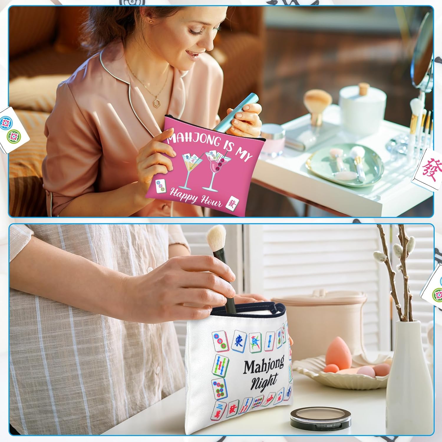 9 Pcs Mahjong Cosmetic Bag Gifts for Women Mahjong Makeup Bag Mah Jong Zippered Pouch for Lover Player Mothers Birthday Party Lucky Mah Jong Gift Coquette Accessories (Styles 1) - Image 4