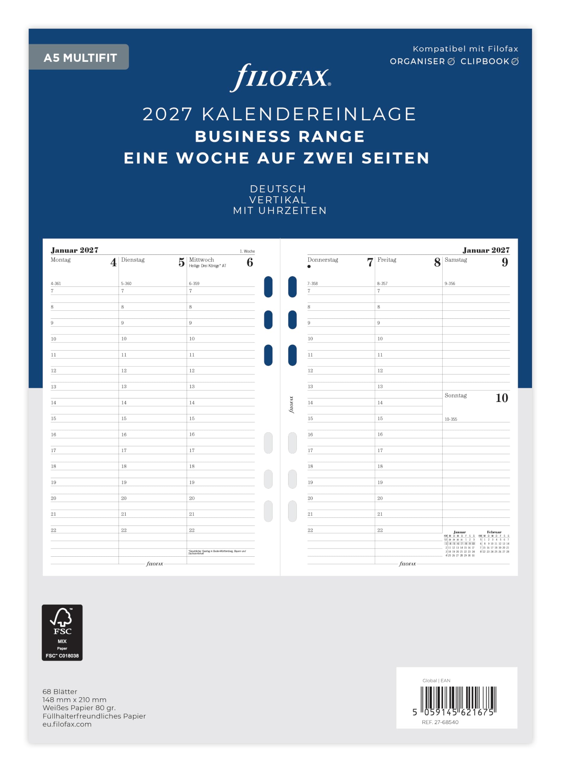 Filofax Calendar Insert A5 Multi 1 Week on 2 Pages German 2027
