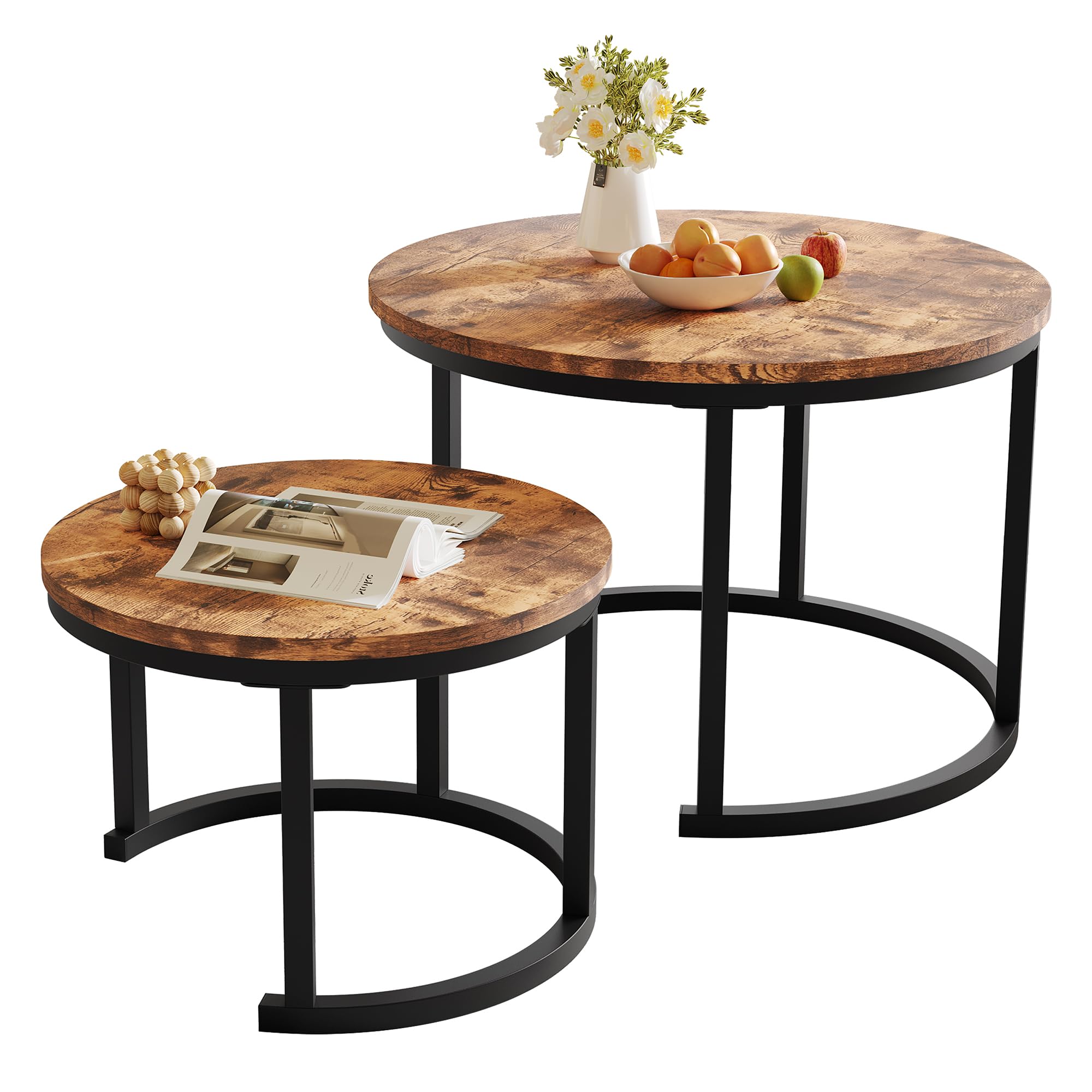HOMERECOMMEND Juego de 2 mesas de centro redondas, color marrón rústico | Mesa de sofá moderna con estructura de metal negro,Mesa de centro de roble, mesa auxiliar nido para sala de estar