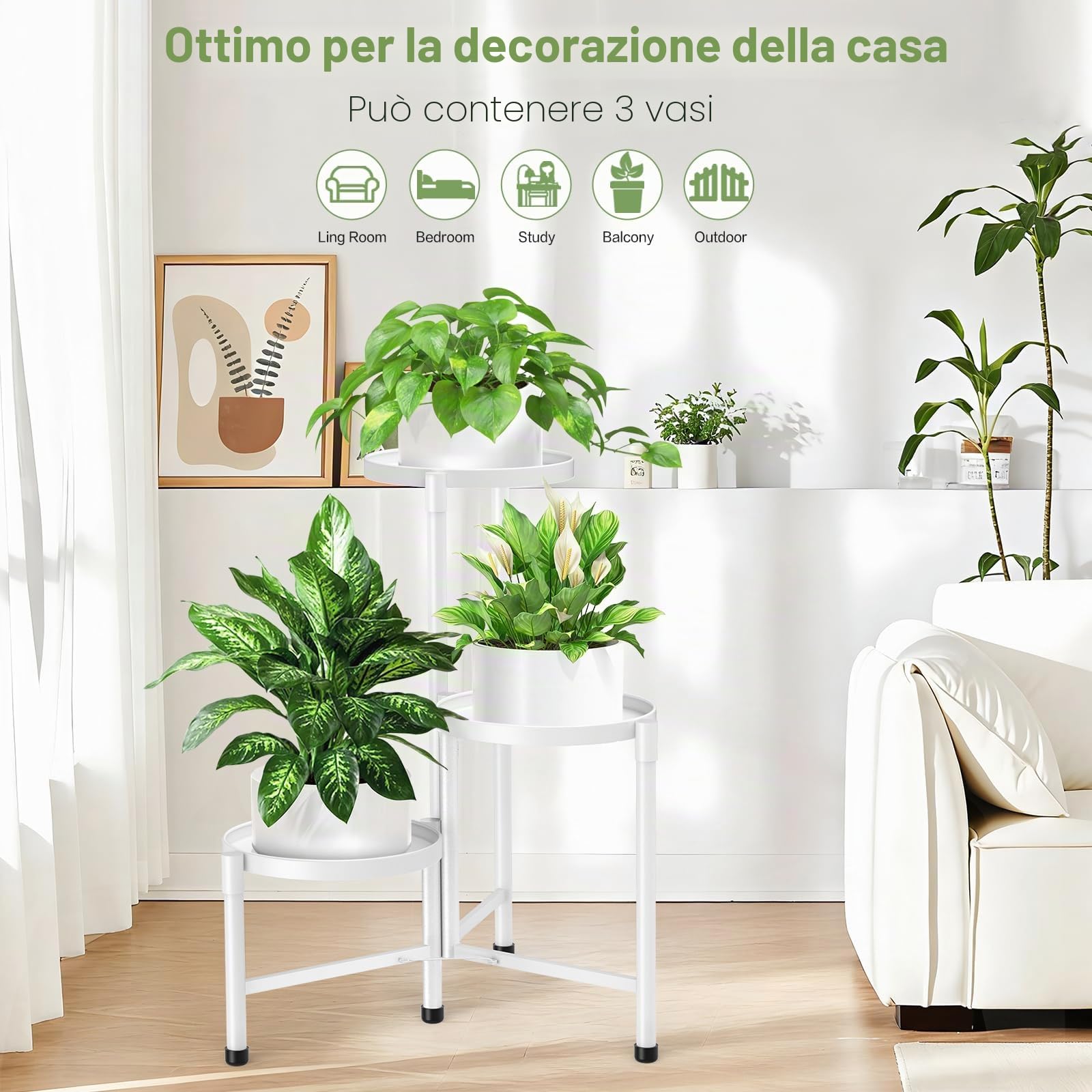 Scaffale per piante in metallo, 3 animali, altezza 115 cm, antiruggine, per interni, esterni, giardino, balcone, bianco