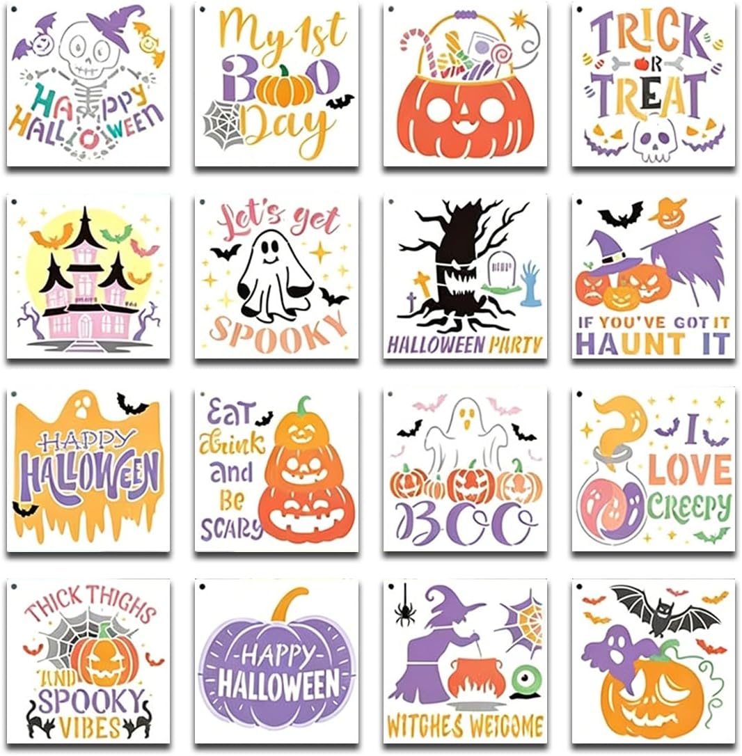 16Pcs Halloween Stencils, Reusable Wall Stencils for Painting Templates, for DIY Craft Card, on Wood, Glass, Fabric, Window Door Decor Drawing Aids