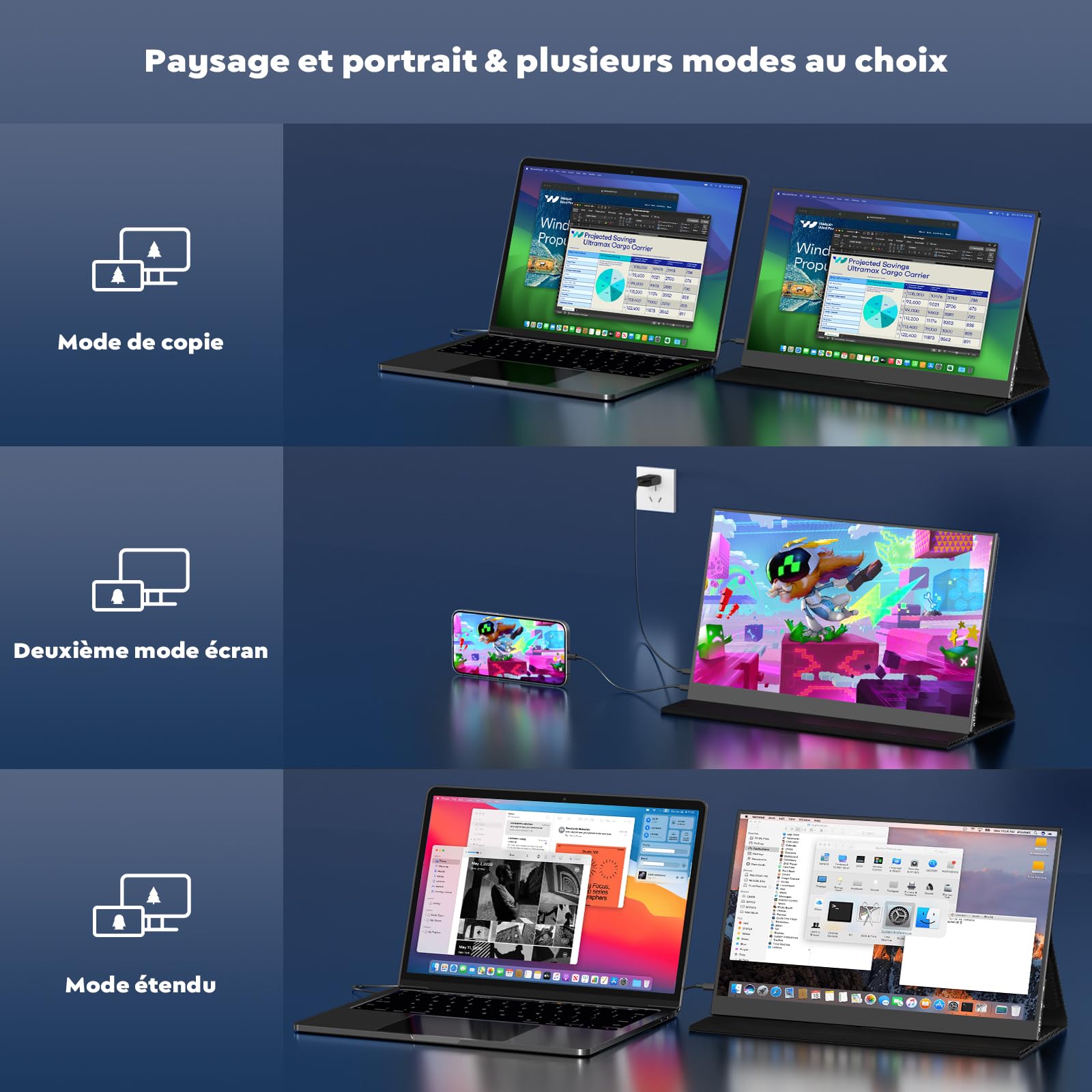 HONGO Moniteur Portable, Laptop Écran Portable 15,6" 1080P IPS Écran PC Portable Haut-parleurs Intégrés, Moniteur pour Ordinateur Portable, PC, Mac, X-Bo, Switch, Deuxième Ecran Portatif USB C