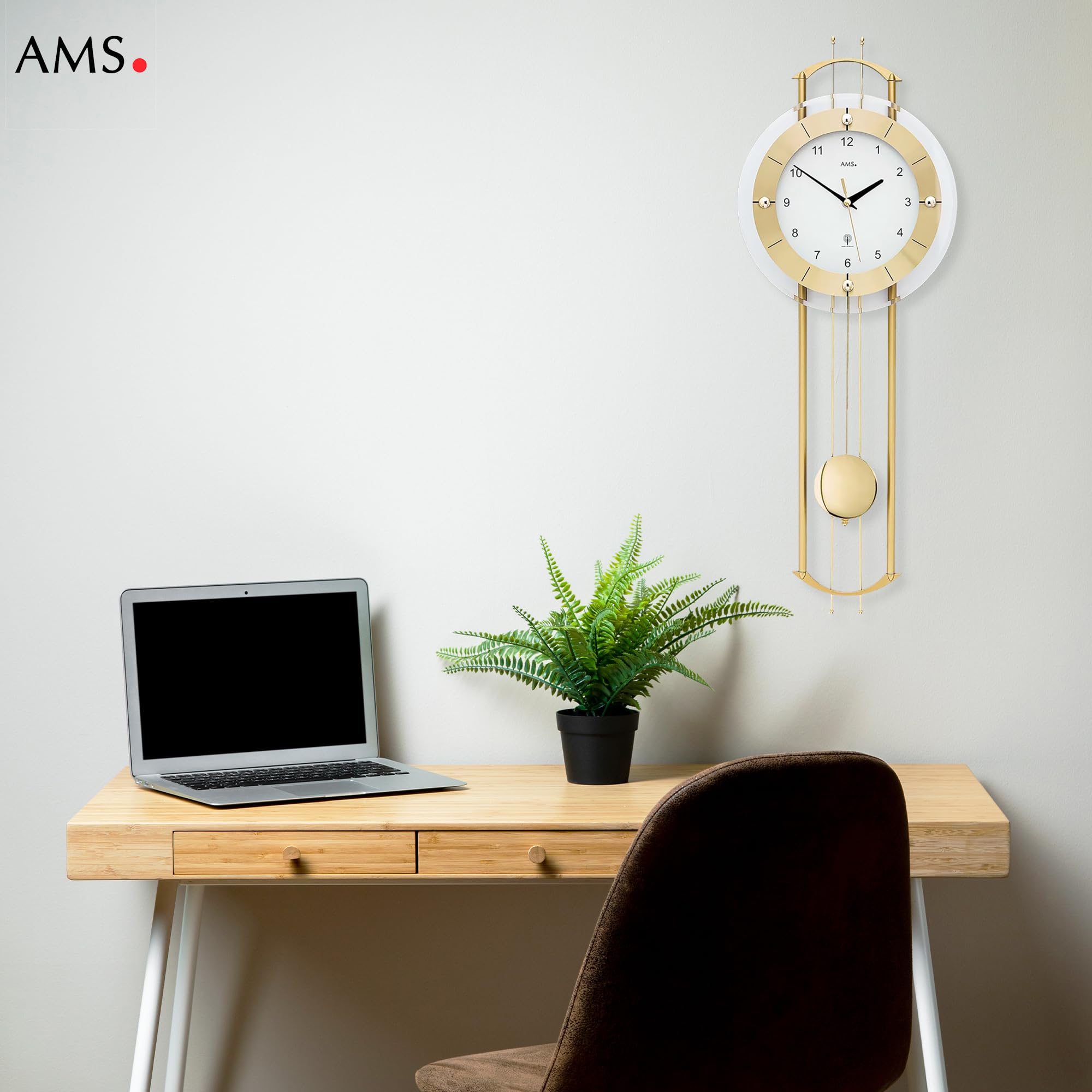 AMS 5257 Wanduhr - mit Funkpendelwerk, Elegante Funkpendeluhr, Uhr mit Pendel, Funkwanduhr mit arabischen Ziffern, Facettiertes Mineralglas, Pendeluhr für Wohnzimmer & Büro, Maße: 68 x 24 x 7 cm