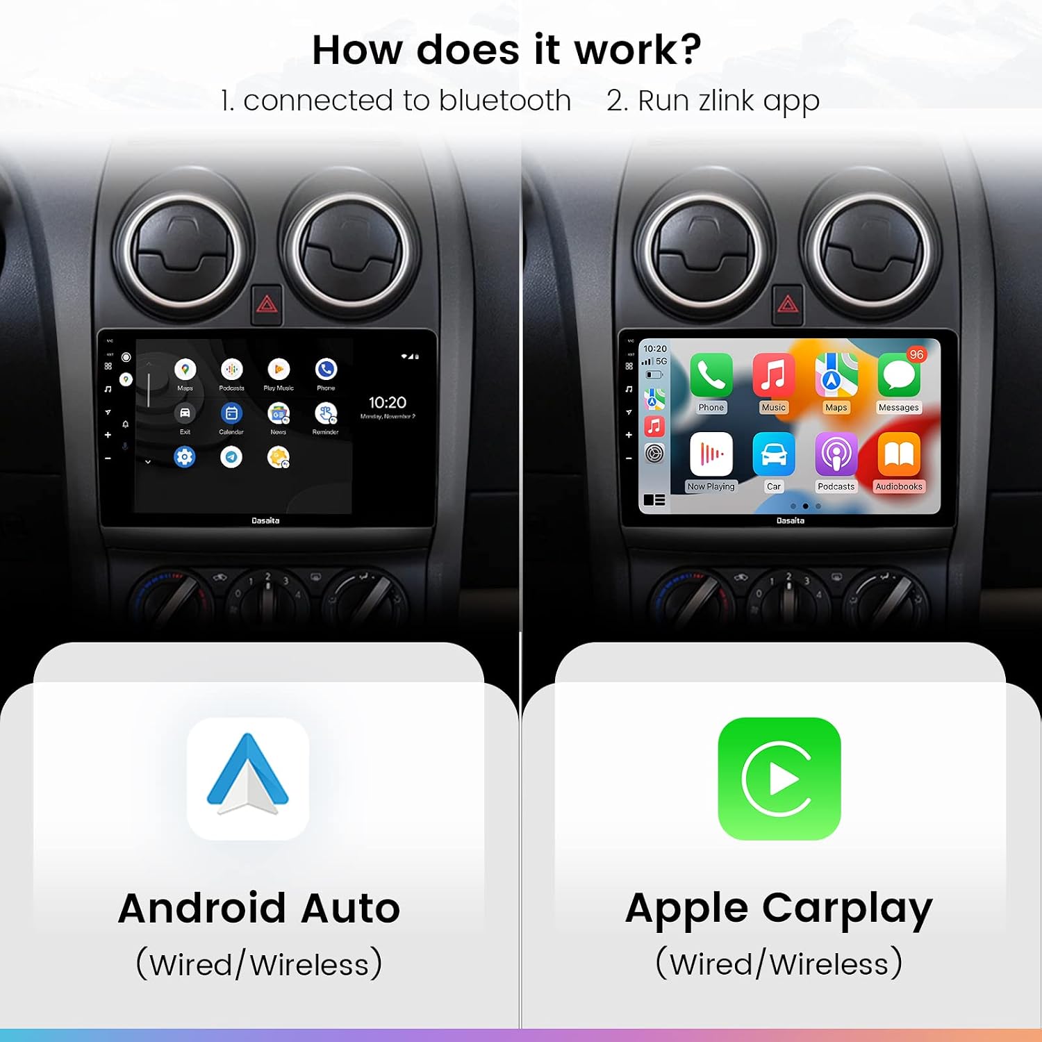 Two screens showing the Dasaita car stereo interface. The left screen displays the Android home screen with various apps. The right screen shows the Apple CarPlay interface with icons for Phone, Music, Maps, Messages, and other applications.