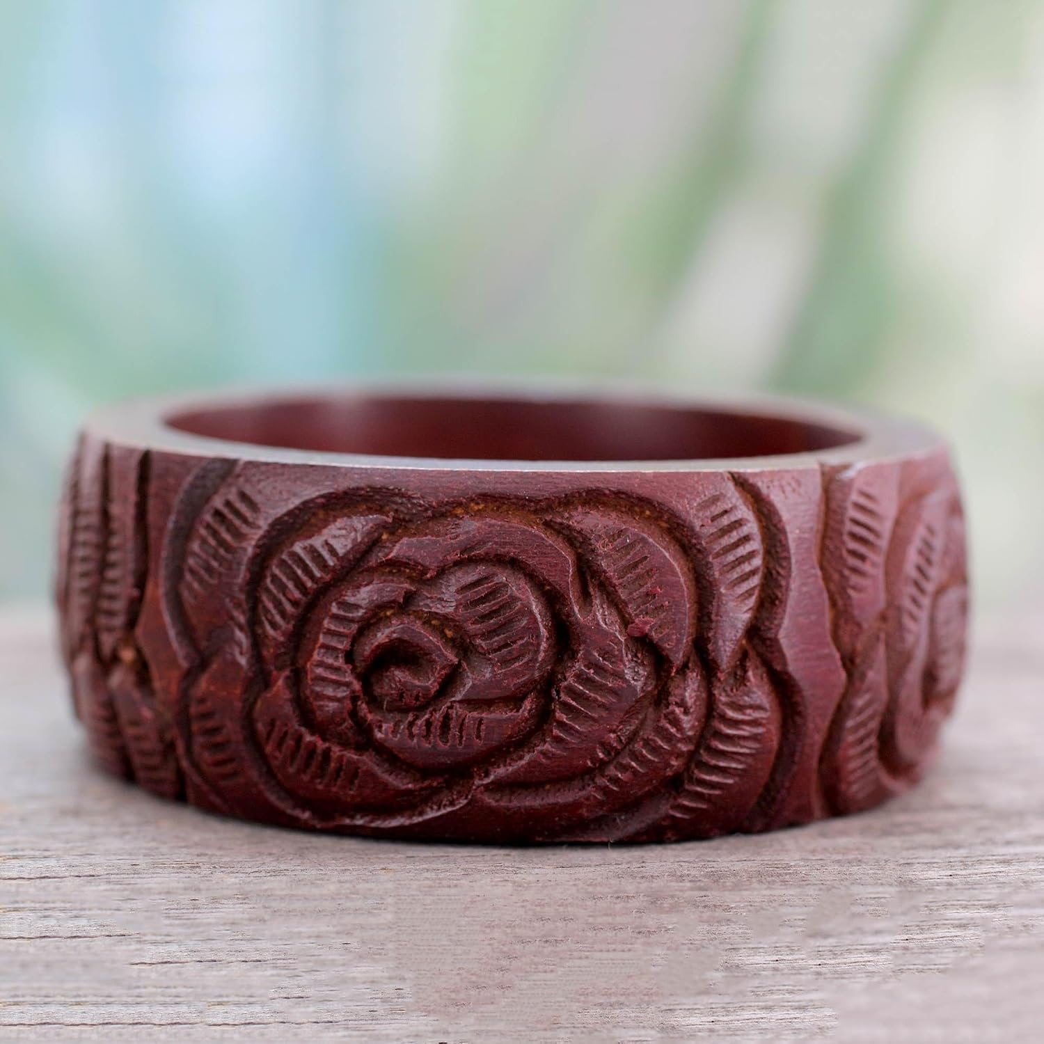 NOVICA Artisan Crafted Handmade Mango Wood Bangle Bracelet | Voluptuous Brown | Floral Eco Materials | Box Chain | No Gemstone | Roses Bloom | India ' Brown Rose Blossom' 8" Inner Circ. x 1.2" W