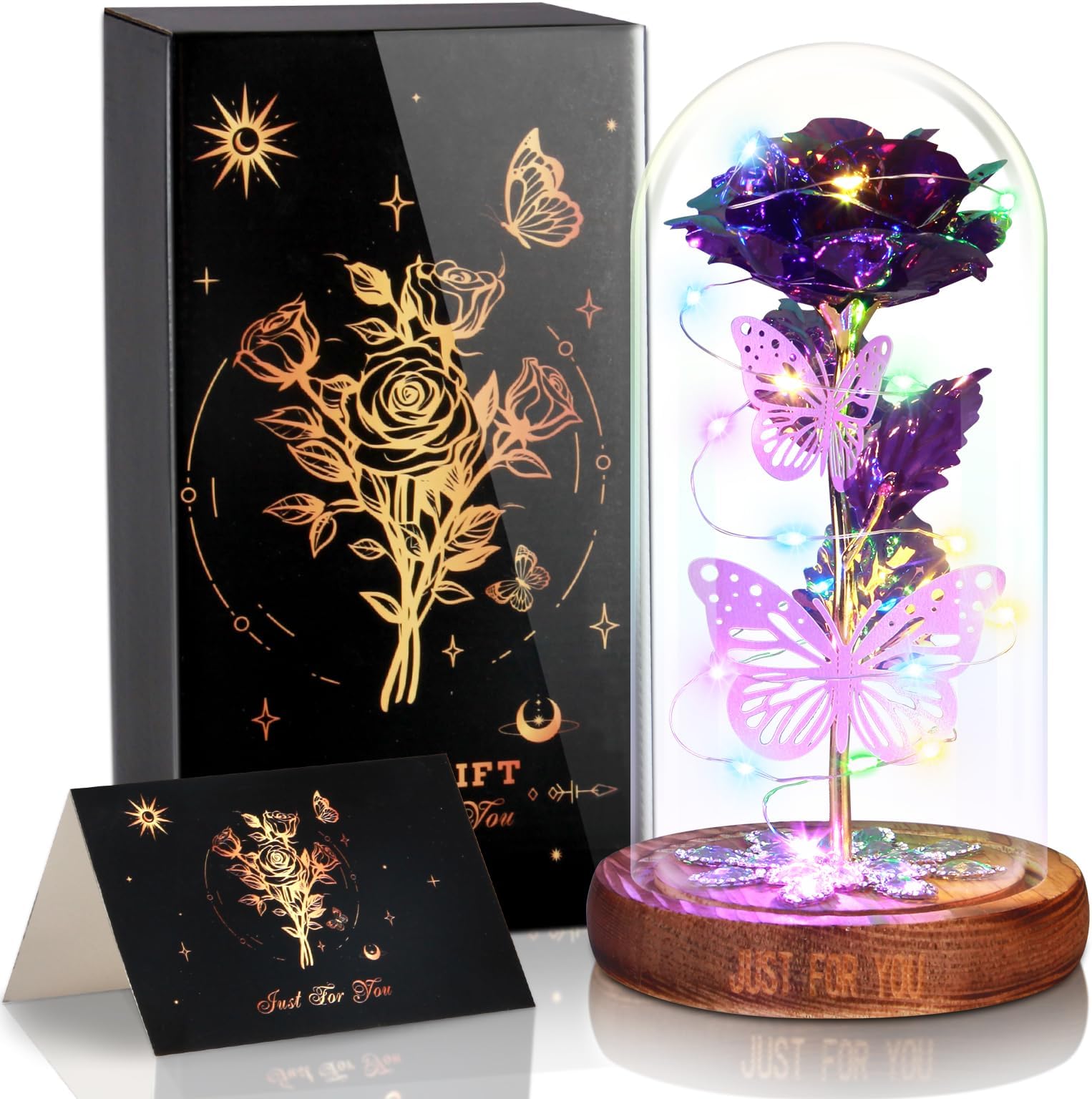 MAIAGOValentines Day Rose Gifts for Her, Galaxy Butterfly Rose in Glass Dome, Light Up Forever Purple Rose Gifts for Women Mom Grandma Wife, Birthday Day Gifts Wedding Anniversary