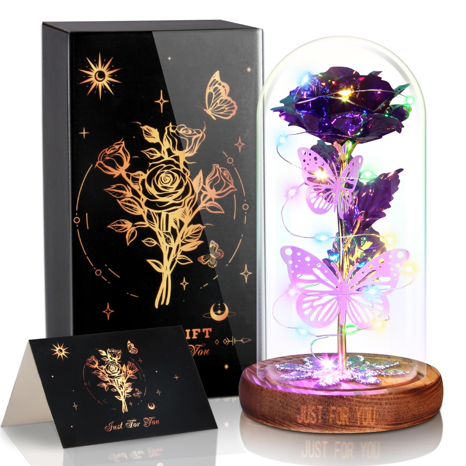 MAIAGOValentines Day Rose Gifts for Her, Galaxy Butterfly Rose in Glass Dome, Light Up Forever Purple Rose Gifts for Women Mom Grandma Wife, Birthday Day Gifts Wedding Anniversary