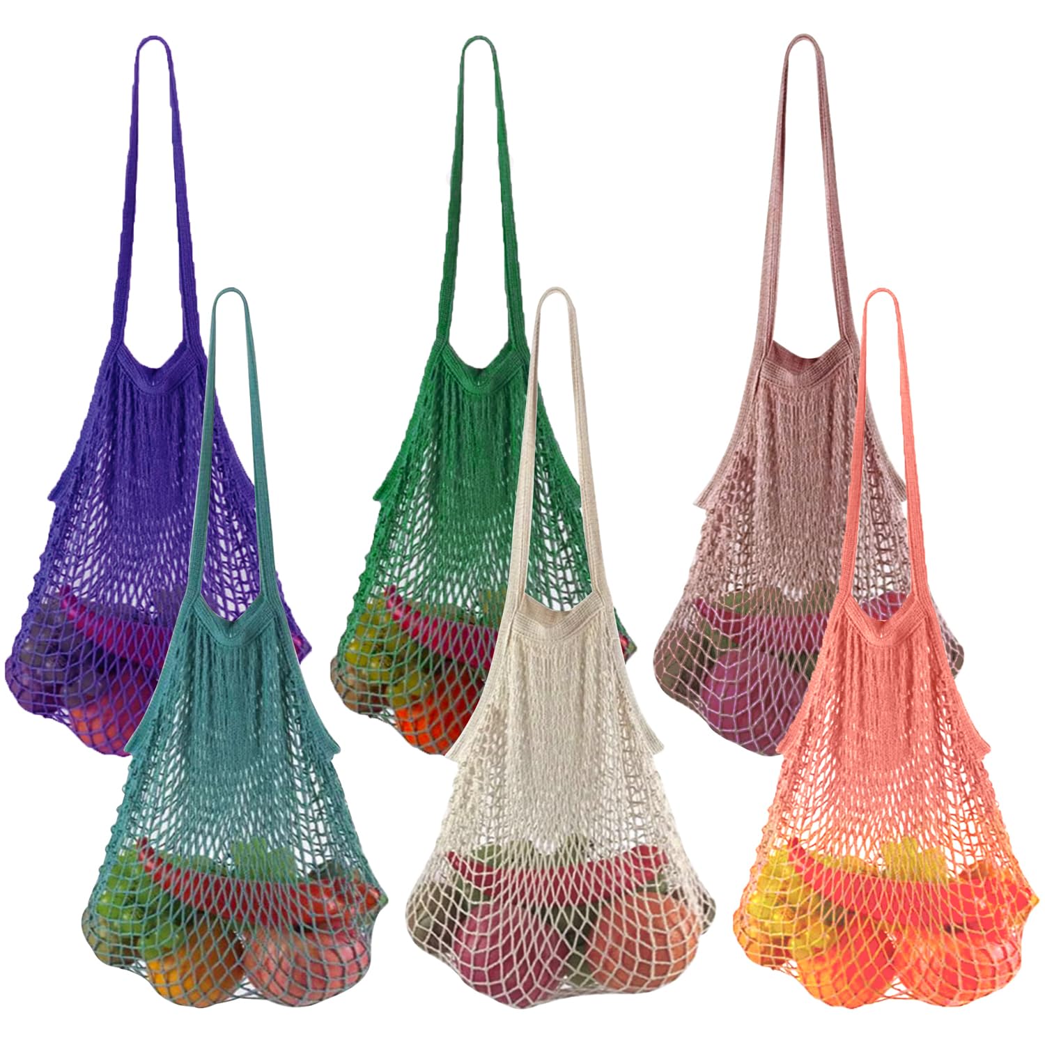 3 Sacs Réutilisables En Maille De Coton Avec Poignées Filet Sac Fruits Et Legumes Reutilisable Pour épicerie Courses Sacs à Main Organiques Pour Le Shopper Stockage De Les Légumes Rouge Orange Jaune